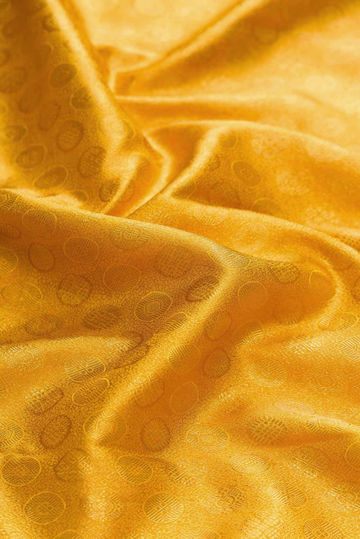 Close up of Pure Silk Pure Zari Yellow Dual Tone Kanchipuram Saree with Zari Brocade on the body and Zari Border displaying folds