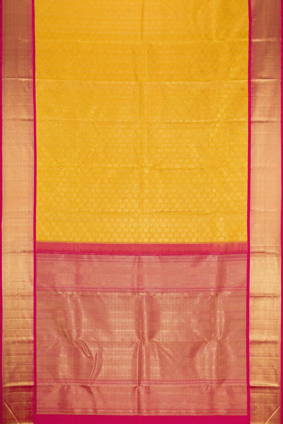 Flat view of Pure Silk Pure Zari Yellow Dual Tone Kanchipuram Saree with Zari Brocade on the body and Zari Border