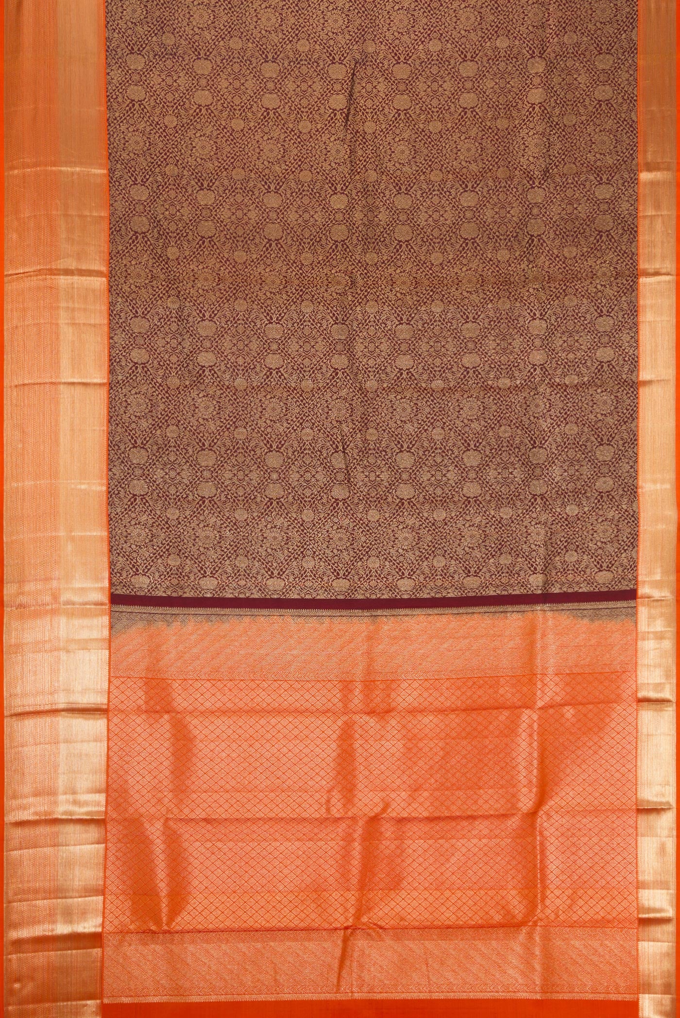 Flat view of Maroon Dual Tone Kanchipuram Silk Saree with Zari Brocade on the body and Zari Border. 