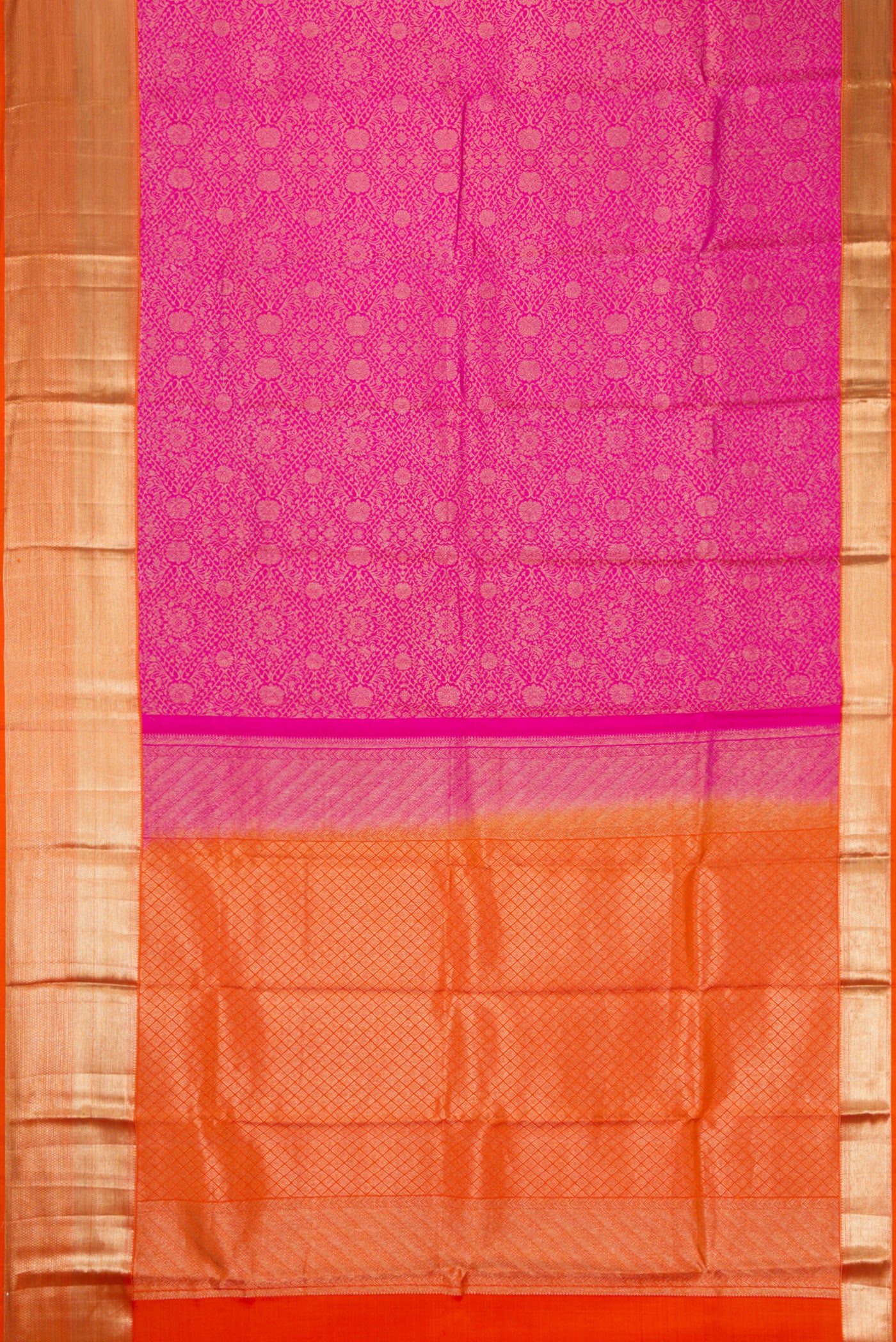 Flat view of Pink Dual Tone Kanchipuram Silk Saree with Zari Brocade on the body and Zari Border. 