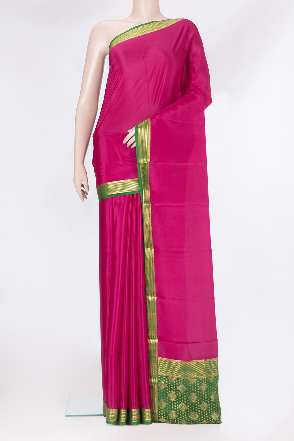 Magenta Mysore Silk Saree with Plain Body and Zari Border.  displayed on a mannequin