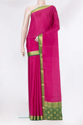 Magenta Mysore Silk Saree with Plain Body and Zari Border.  displayed on a mannequin