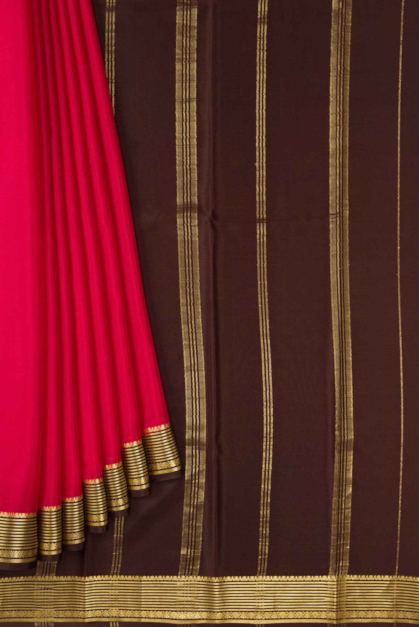 Pleats and pallu of Maroon Dual Tone Mysore Crepe Saree with Plain Body and Zari Border. 
