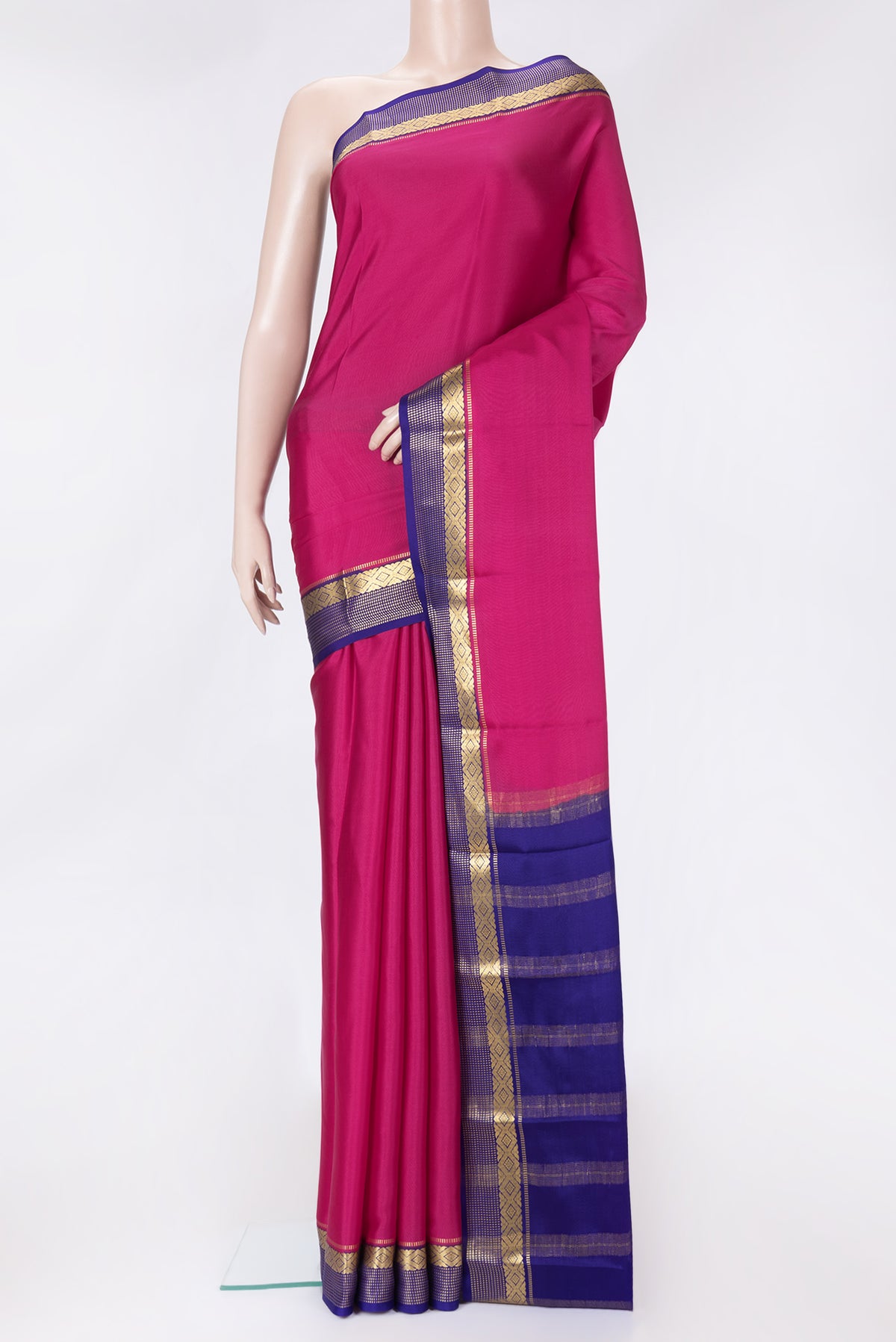 Dark Pink Dual Tone Mysore Crepe Saree with Plain Body and Zari Border.  displayed on a mannequin