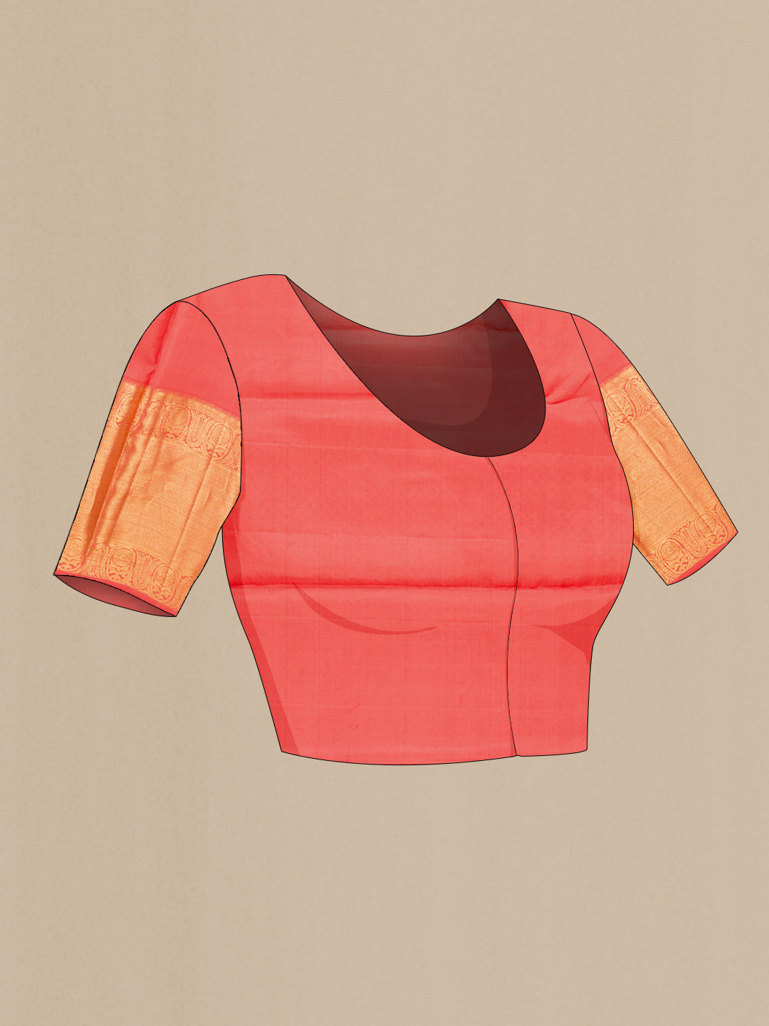 Close up image of the blouse of Coral Dual Tone Kanjivaram Silk Saree with Zari Brocade on the body and Zari Border. 