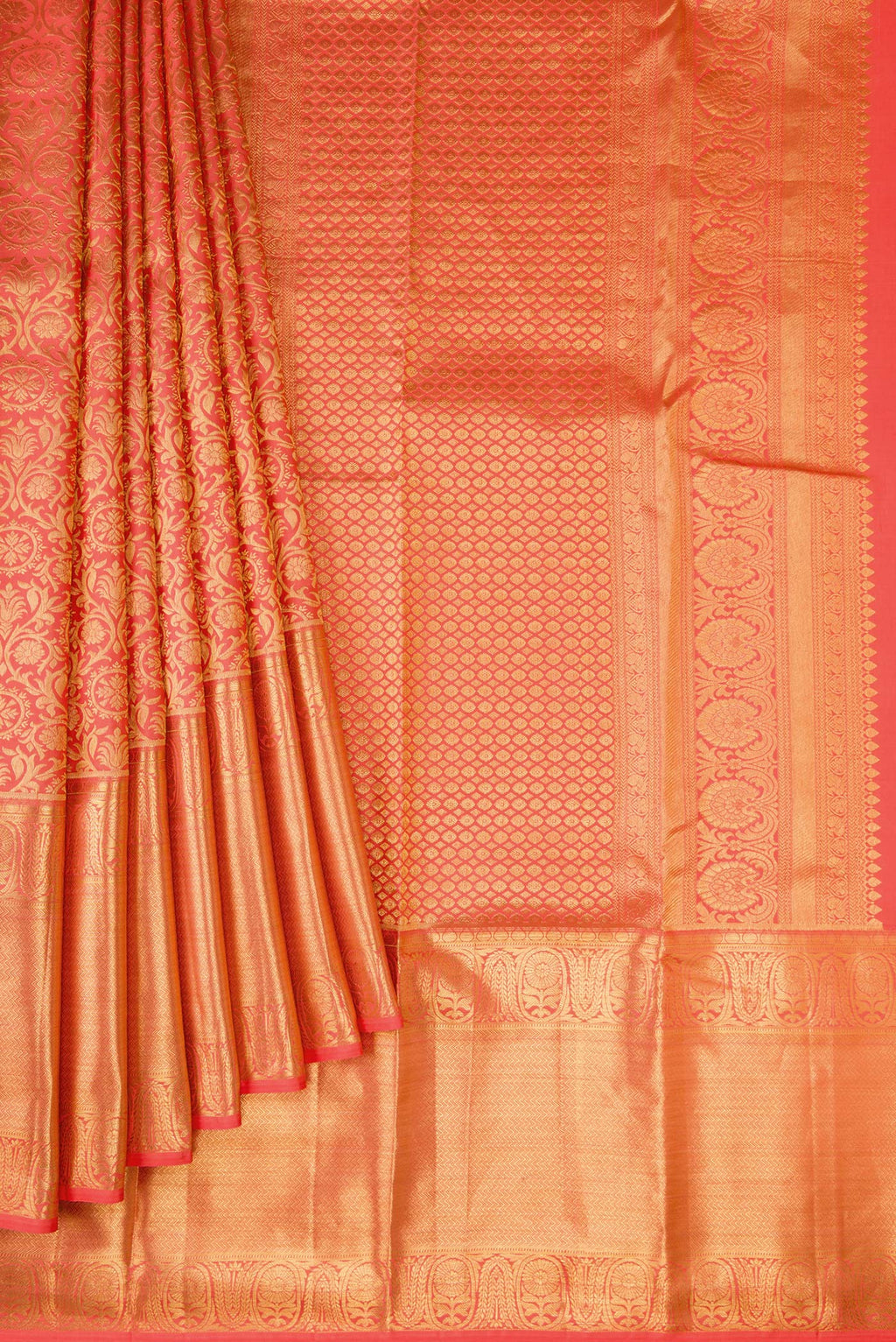 Pleats and pallu of Coral Dual Tone Kanjivaram Silk Saree with Zari Brocade on the body and Zari Border. 