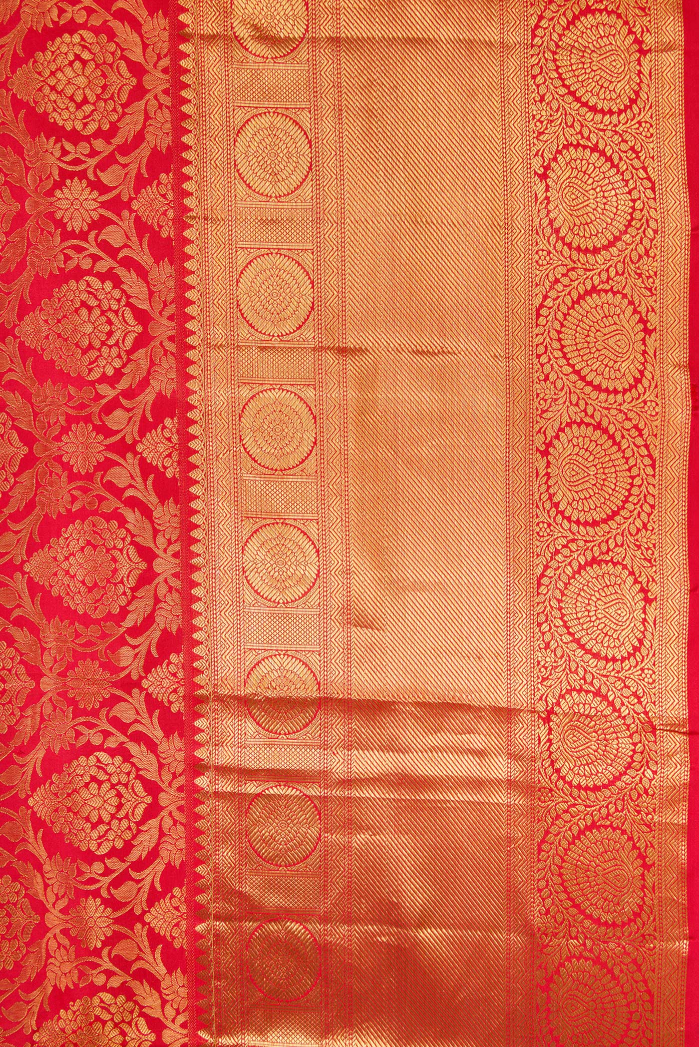Border image of Red Dual Tone Kanjivaram Silk Saree with Zari Brocade on the body and Zari Border. 