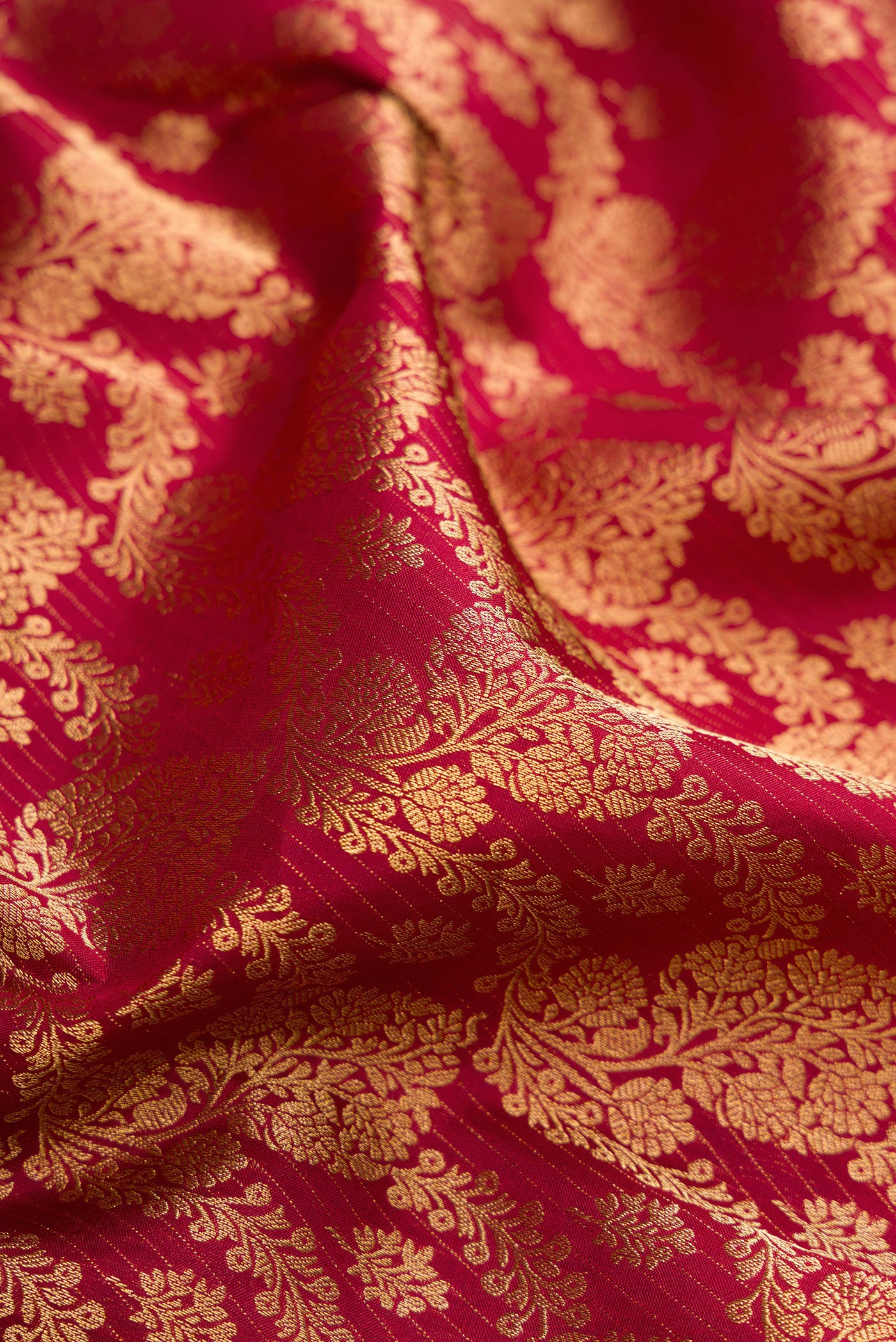 Close up of Maroon Kanchipuram Silk Saree with Zari Brocade on the body and Zari Border.  displaying folds