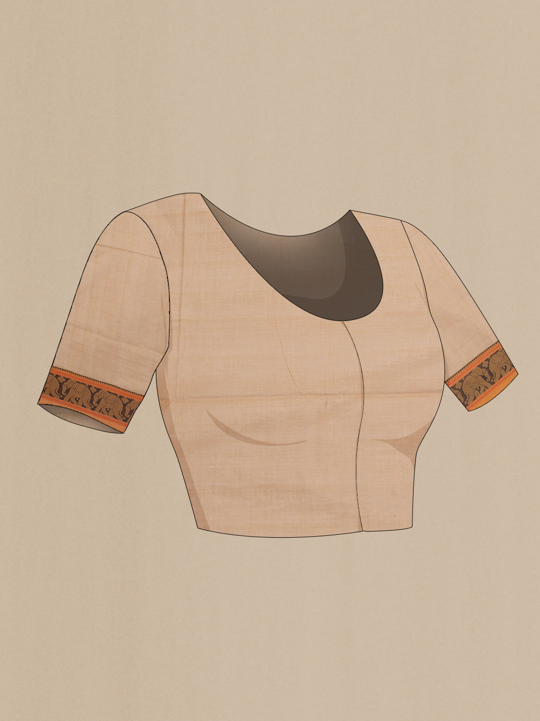 Close up image of the blouse of Dark Beige Coimbatore Cotton Saree with Stripes on the body and Thread Border. 