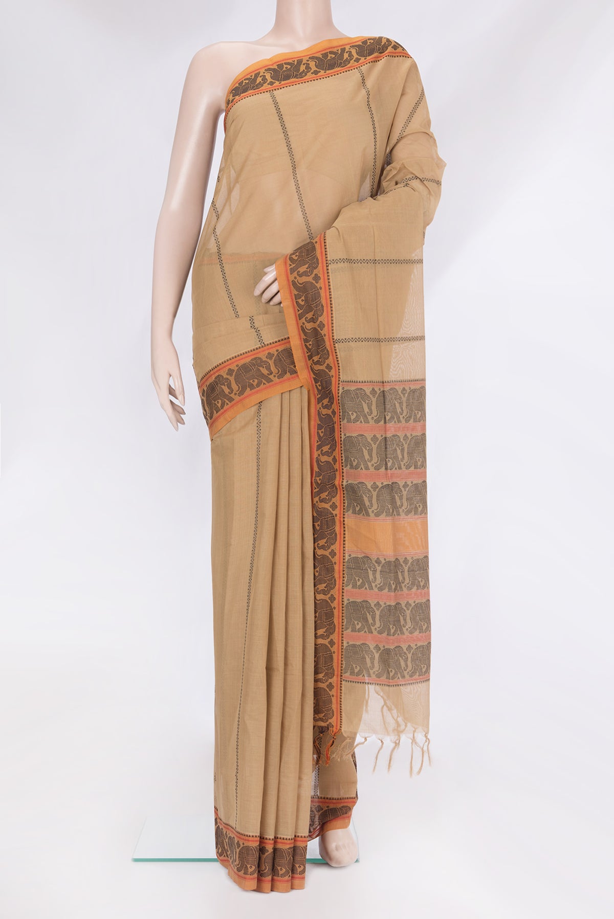Dark Beige Coimbatore Cotton Saree with Stripes on the body and Thread Border.  displayed on a mannequin