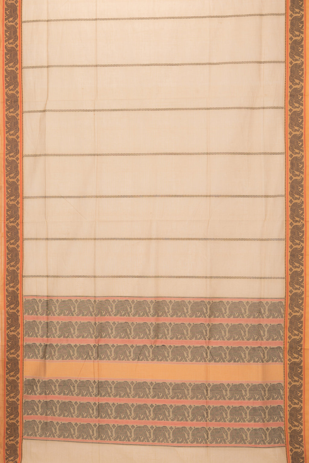 Flat view of Dark Beige Coimbatore Cotton Saree with Stripes on the body and Thread Border. 