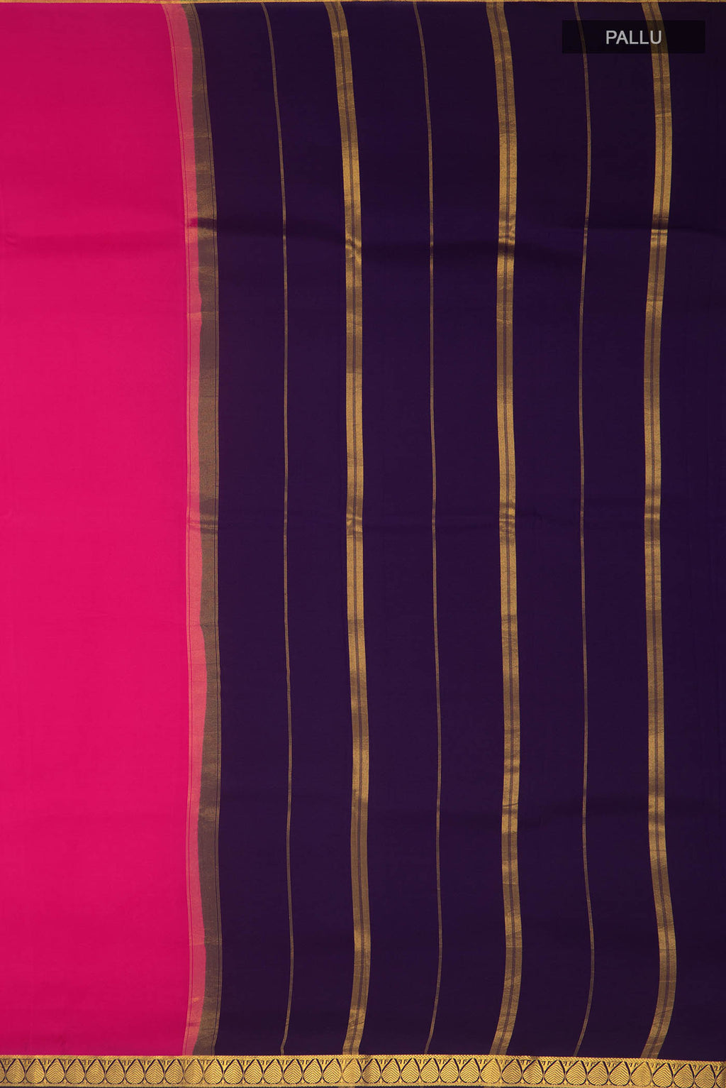 Close up image of the pallu of Pure Silk Pure Zari Pink Mysore Crepe Saree with Plain Body and Zari Border