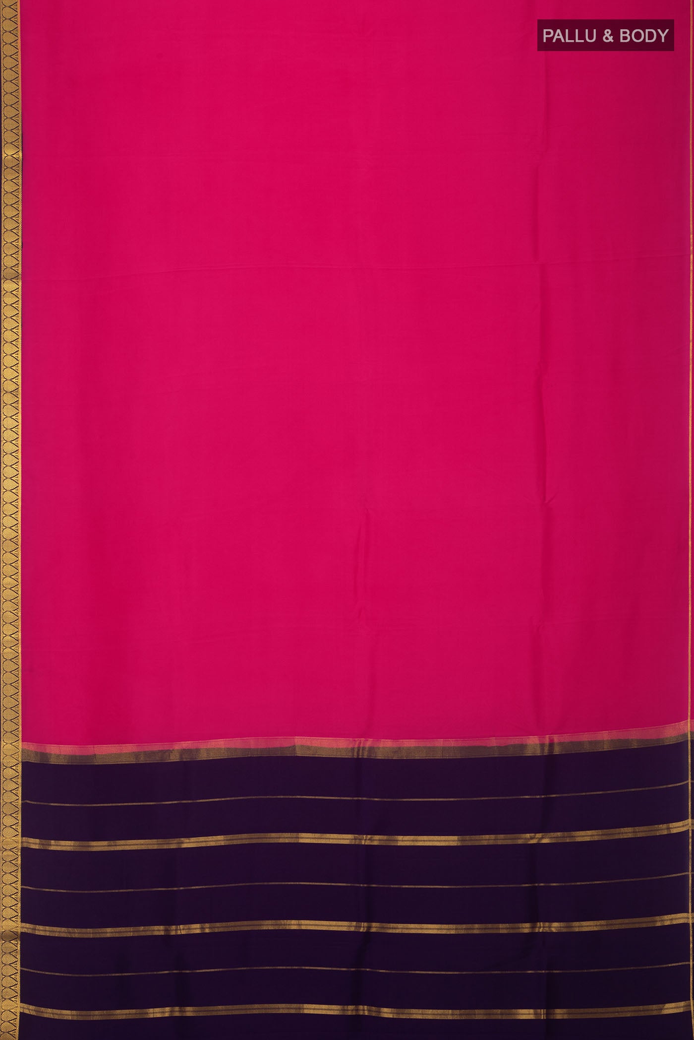 Flat view of Pure Silk Pure Zari Pink Mysore Crepe Saree with Plain Body and Zari Border