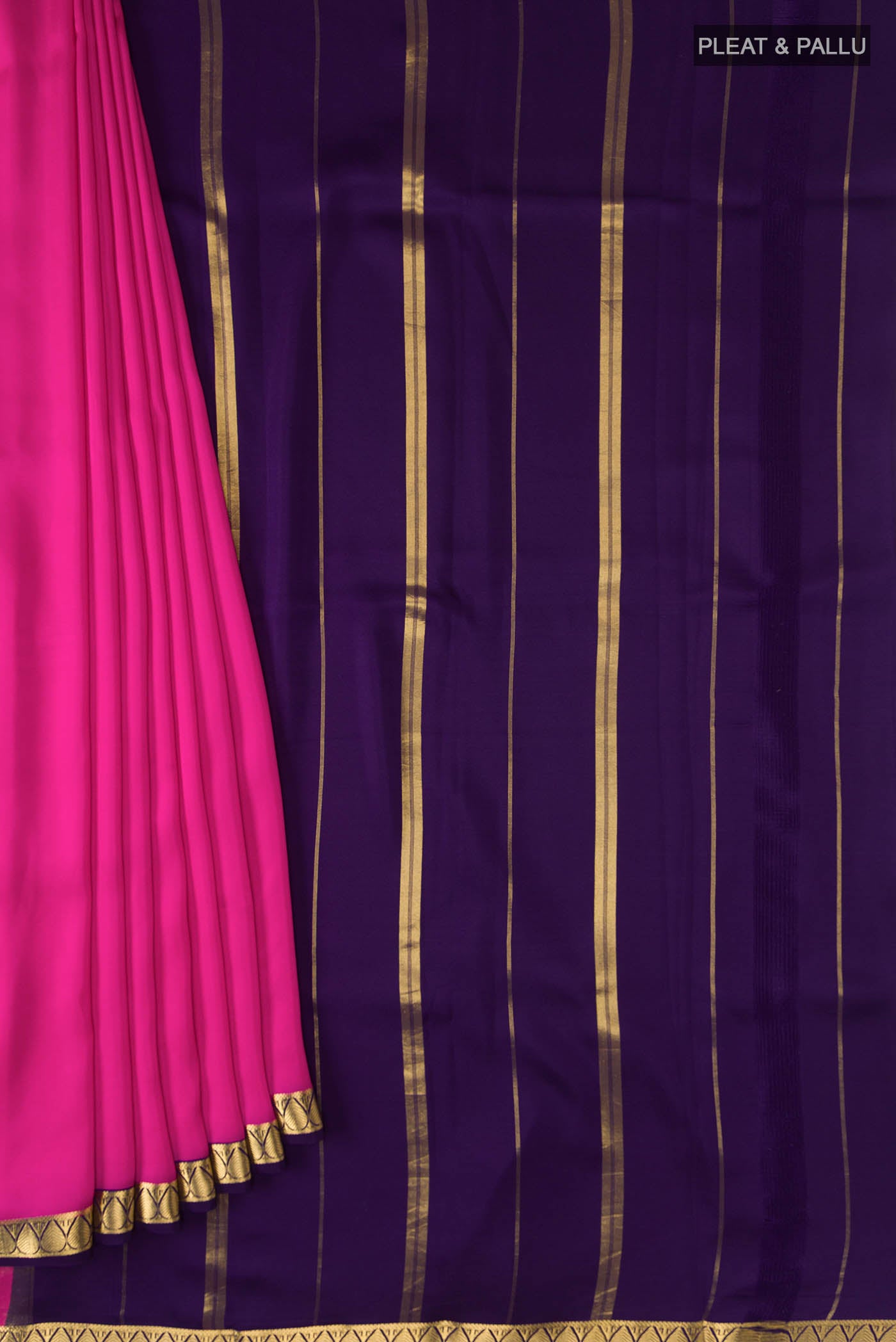 Pleats and pallu of Pure Silk Pure Zari Pink Mysore Crepe Saree with Plain Body and Zari Border