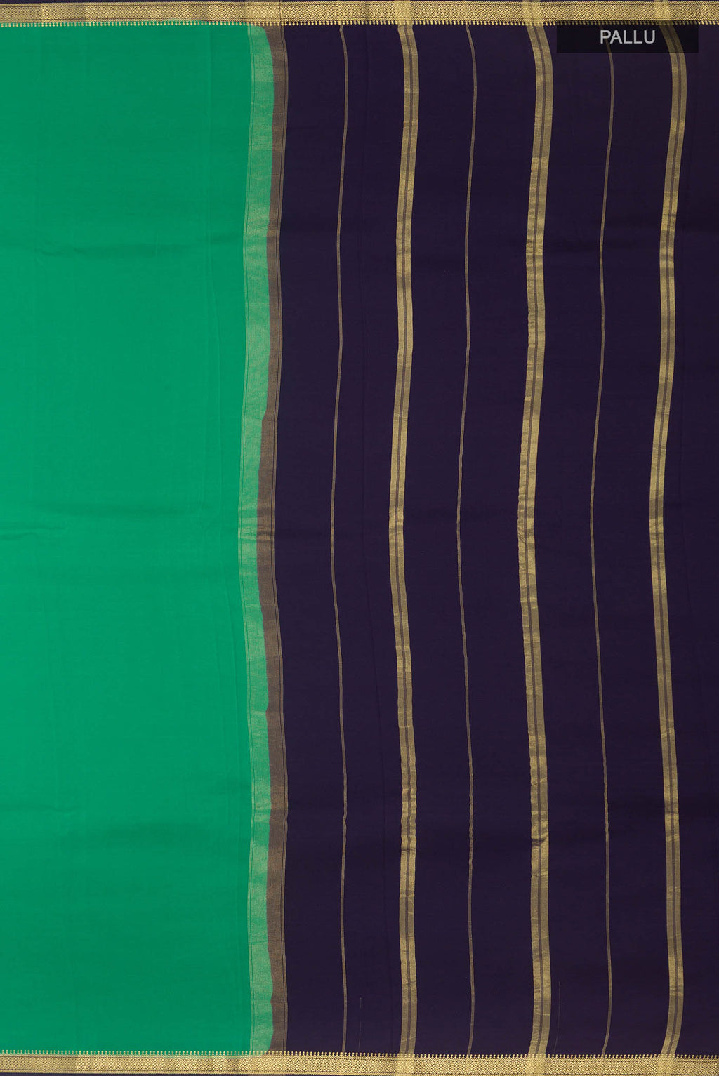 Close up image of the pallu of Pure Silk Pure Zari Green Mysore Crepe Saree with Plain Body and Zari Border