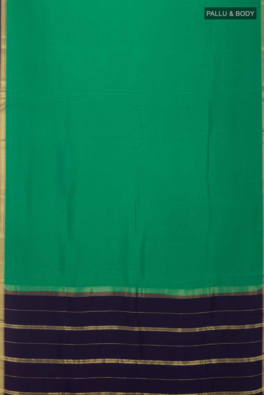 Flat view of Pure Silk Pure Zari Green Mysore Crepe Saree with Plain Body and Zari Border