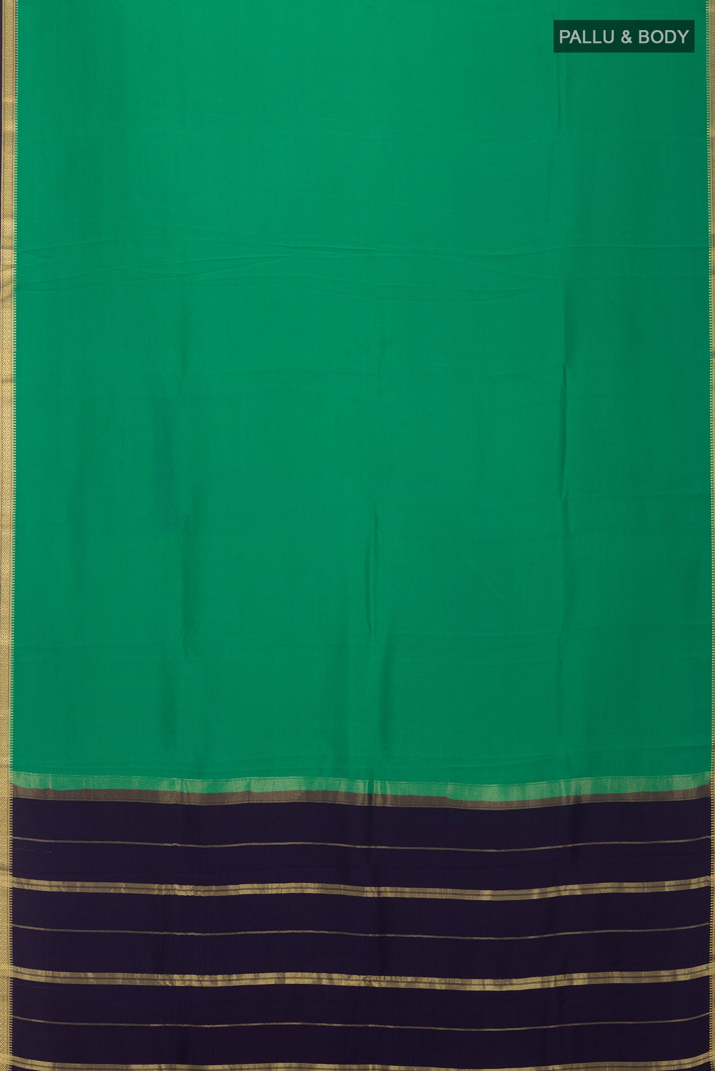 Flat view of Pure Silk Pure Zari Green Mysore Crepe Saree with Plain Body and Zari Border