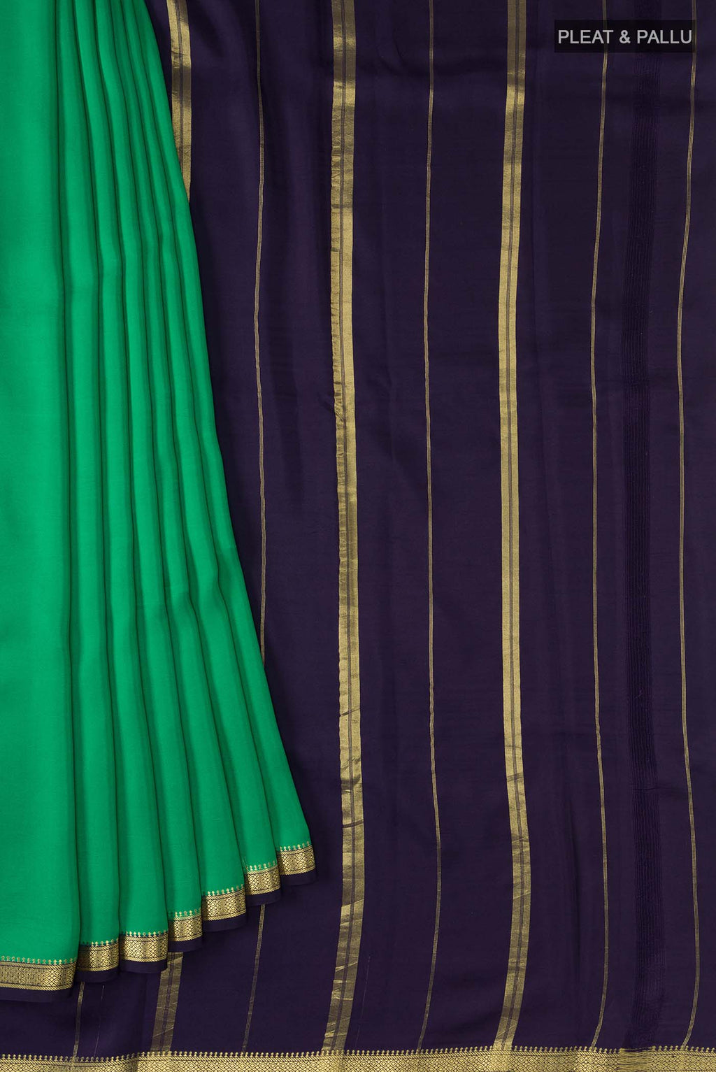 Pleats and pallu of Pure Silk Pure Zari Green Mysore Crepe Saree with Plain Body and Zari Border