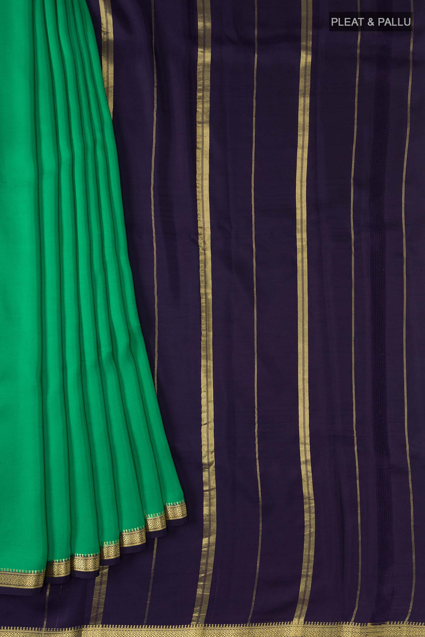 Pleats and pallu of Pure Silk Pure Zari Green Mysore Crepe Saree with Plain Body and Zari Border