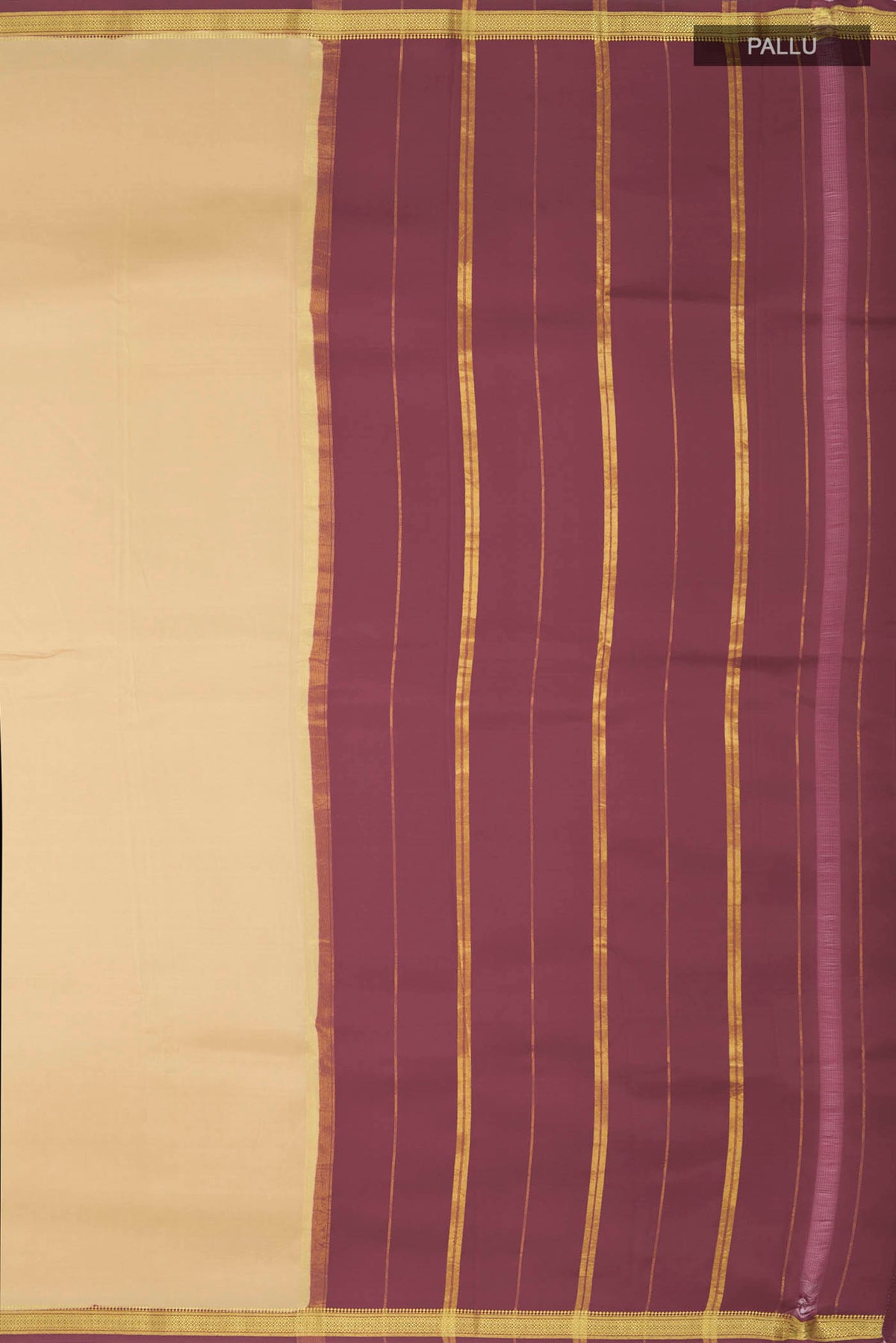 Close up image of the pallu of Pure Silk Pure Zari Beige Mysore Crepe Saree with Plain Body and Zari Border