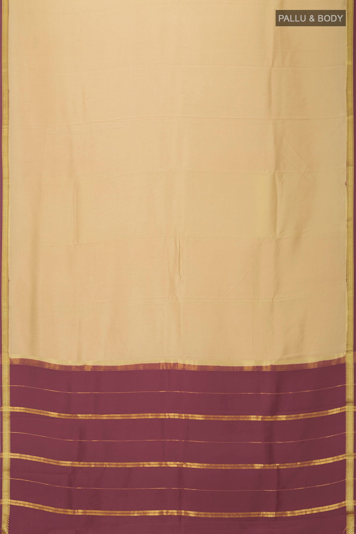 Flat view of Pure Silk Pure Zari Beige Mysore Crepe Saree with Plain Body and Zari Border