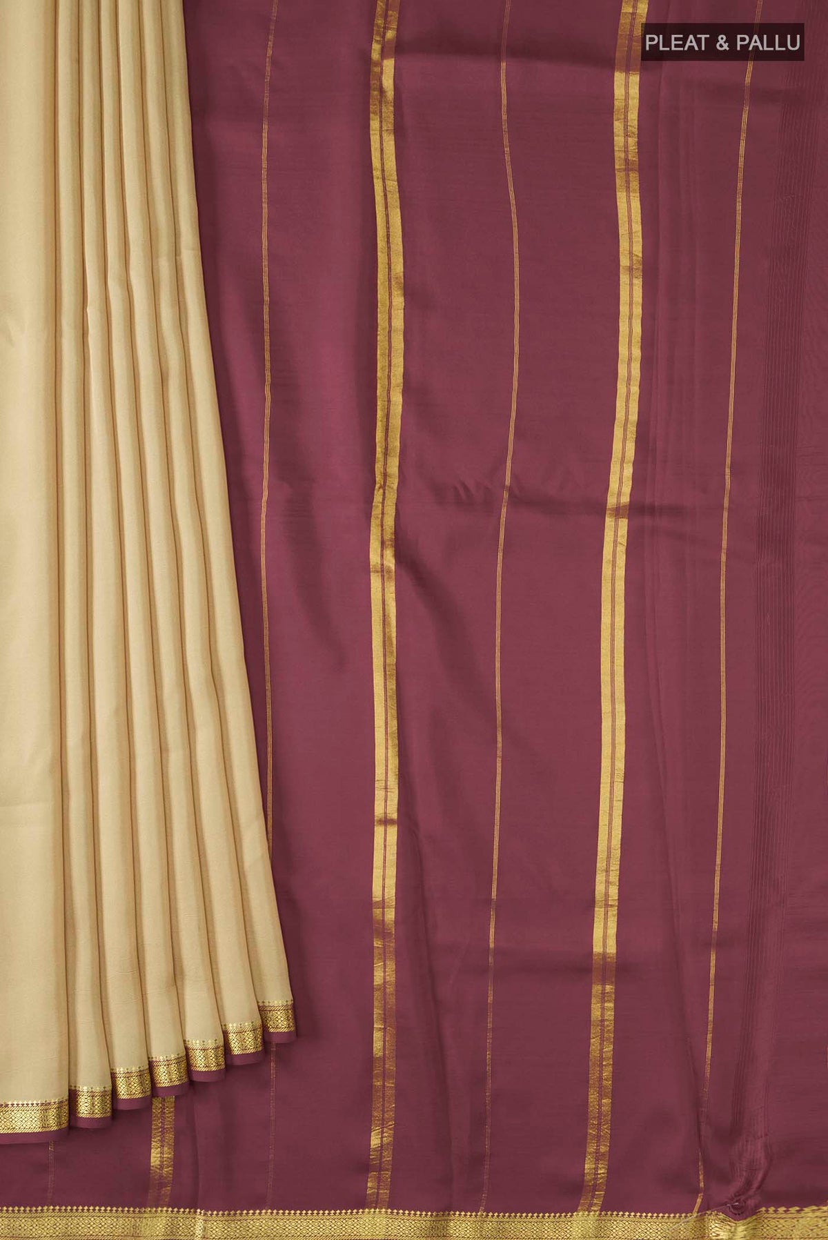 Pleats and pallu of Pure Silk Pure Zari Beige Mysore Crepe Saree with Plain Body and Zari Border