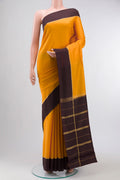 Pure Silk Pure Zari Yellow Mysore Crepe Saree with Plain Body and Zari Border displayed on a mannequin