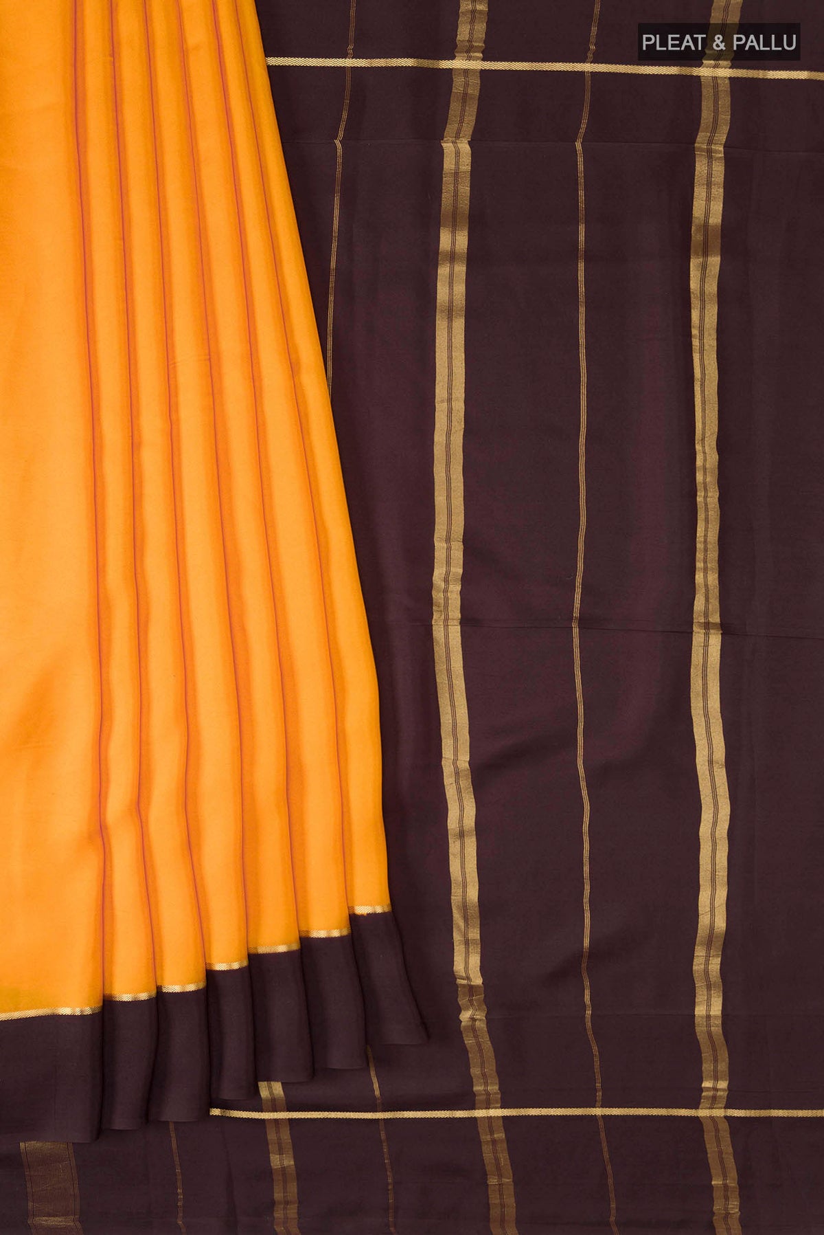 Pleats and pallu of Pure Silk Pure Zari Yellow Mysore Crepe Saree with Plain Body and Zari Border