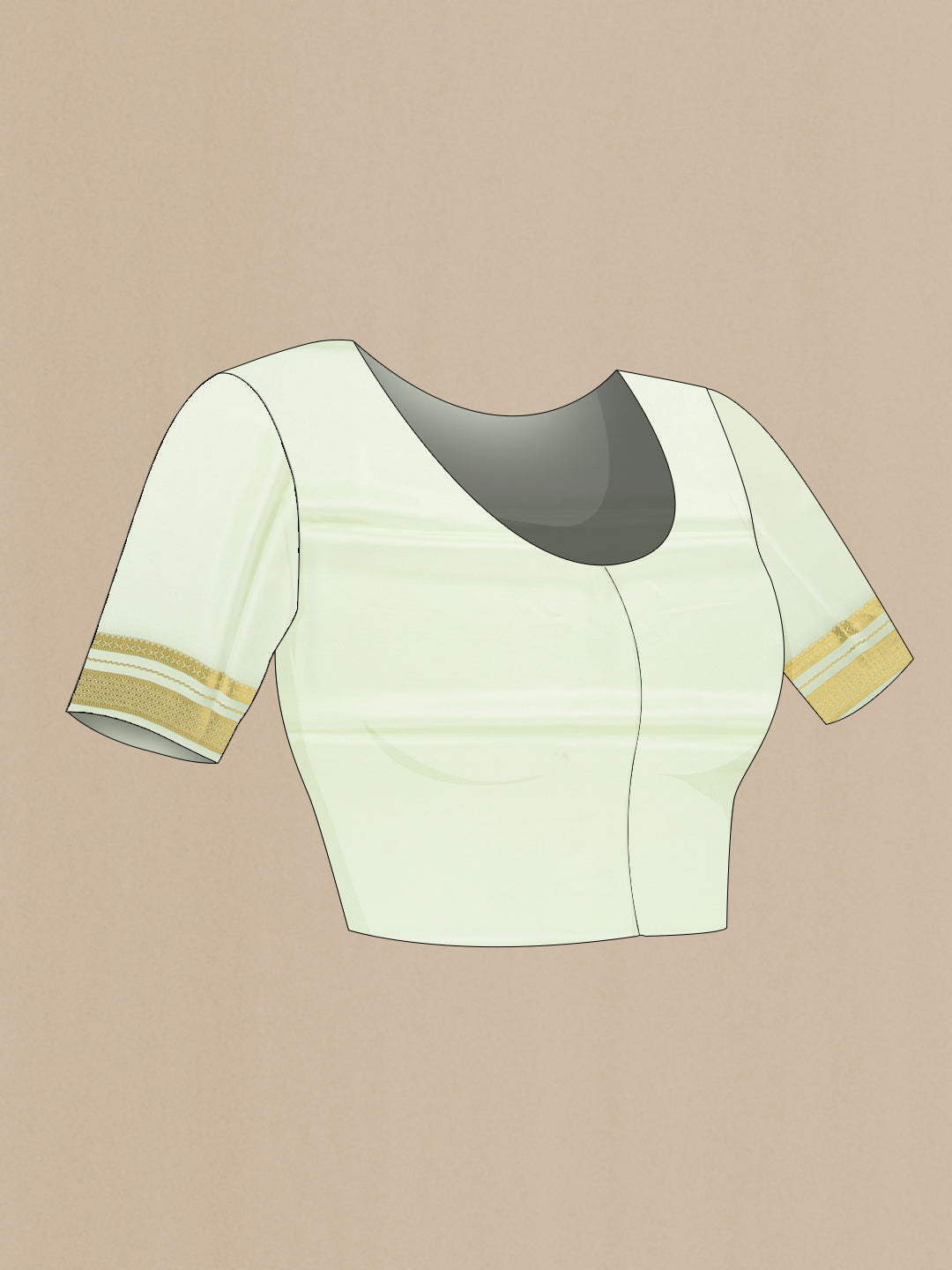 Close up image of the blouse of Pista Green Dual Tone Mysore Silk Saree with Stripes on the body and Fancy Border. 