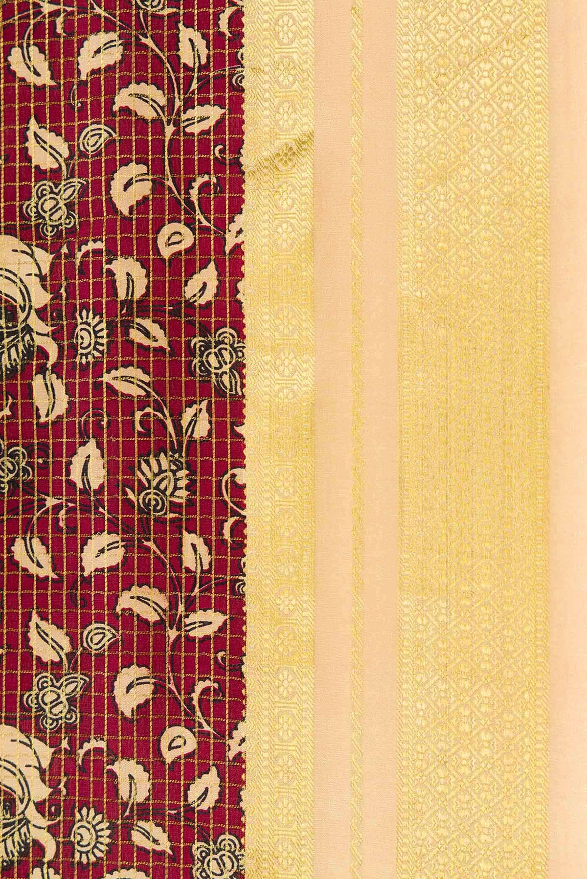 Border image of Sandal and Maroon Color Mysore Crepe Saree with Half And Half on the body and Zari Border