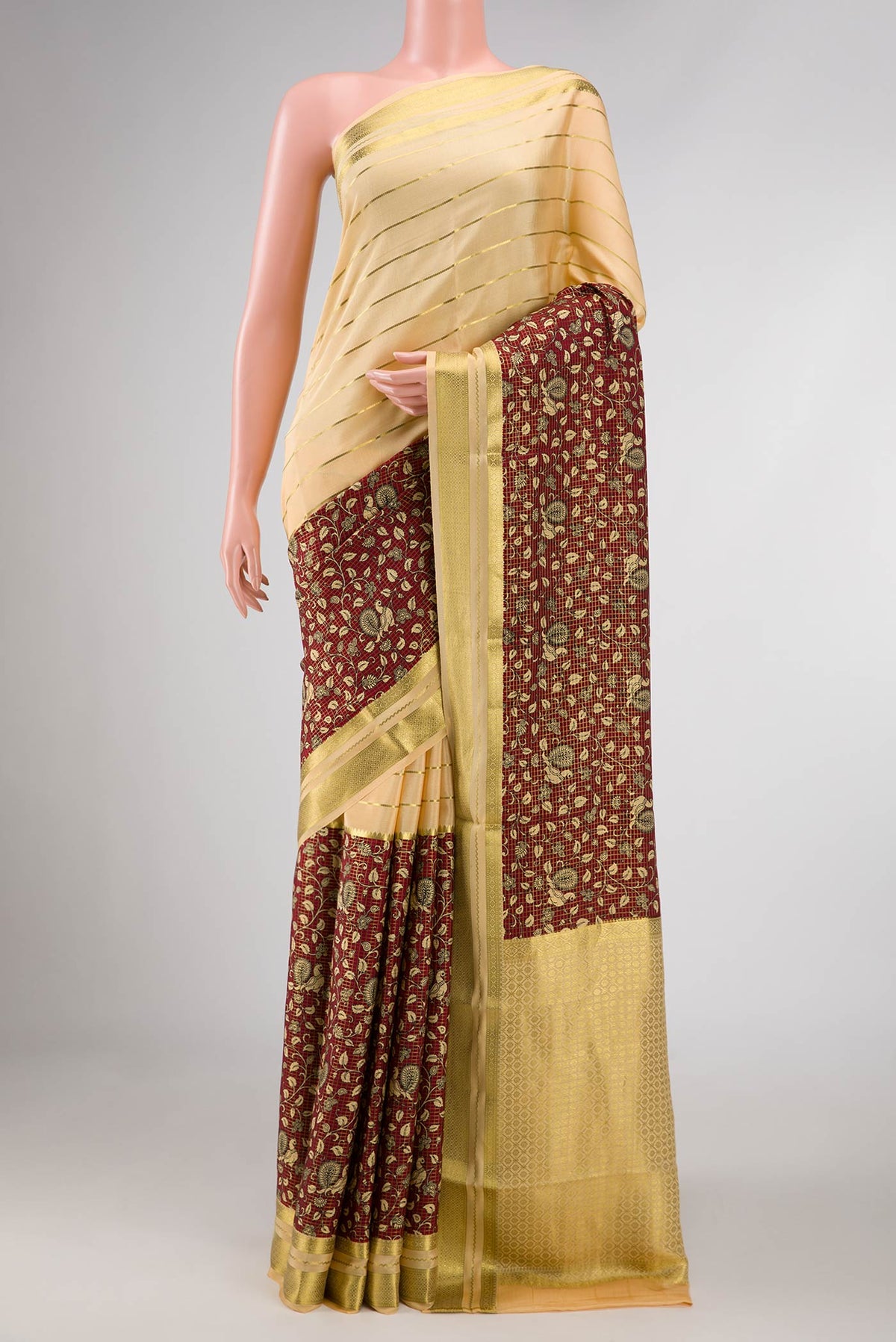 Sandal and Maroon Color Mysore Crepe Saree with Half And Half on the body and Zari Border displayed on a mannequin