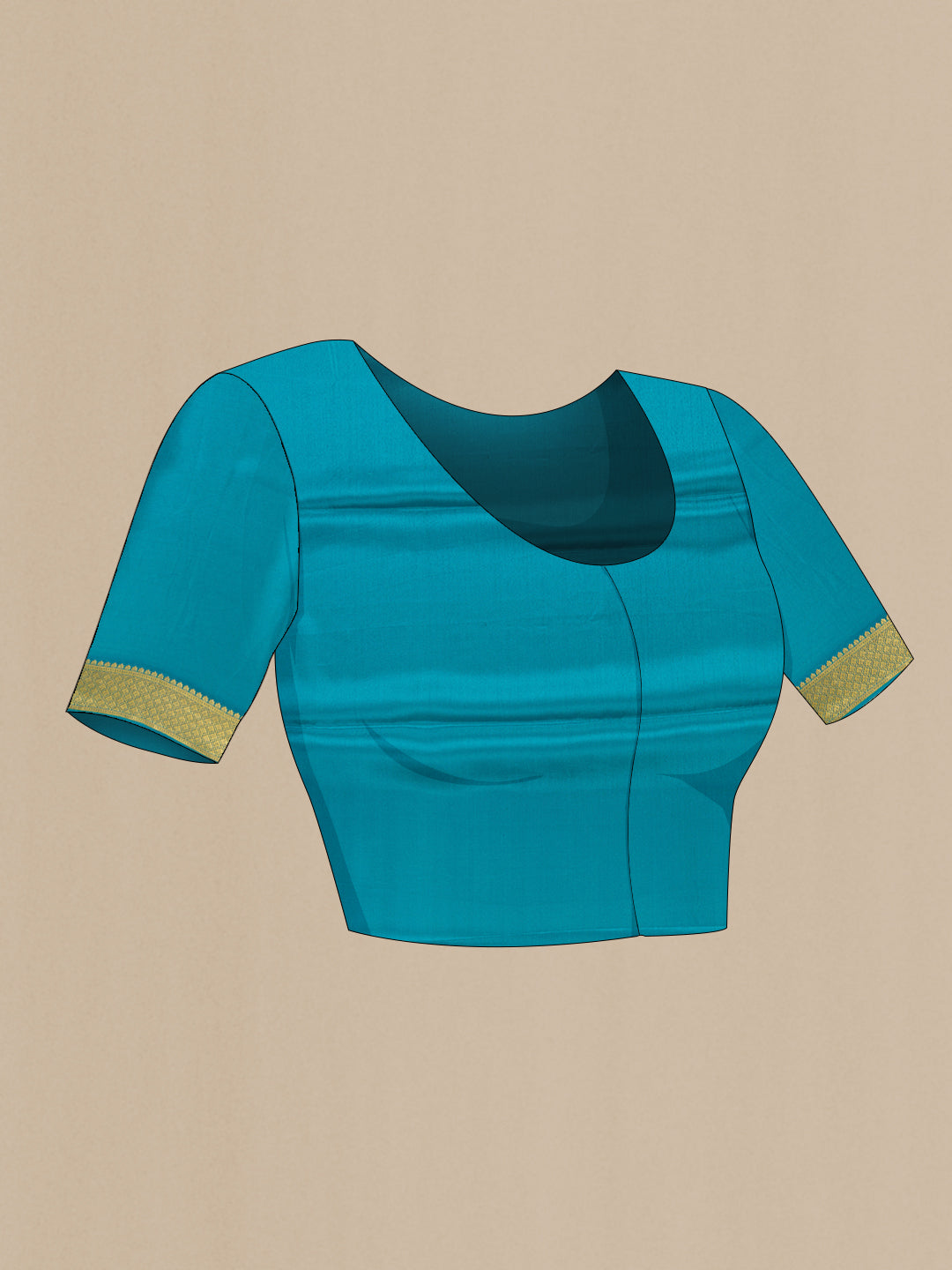 Close up image of the blouse of Peacock Blue Dual Tone Mysore Silk Saree with Stripes on the body and Fancy Border. 