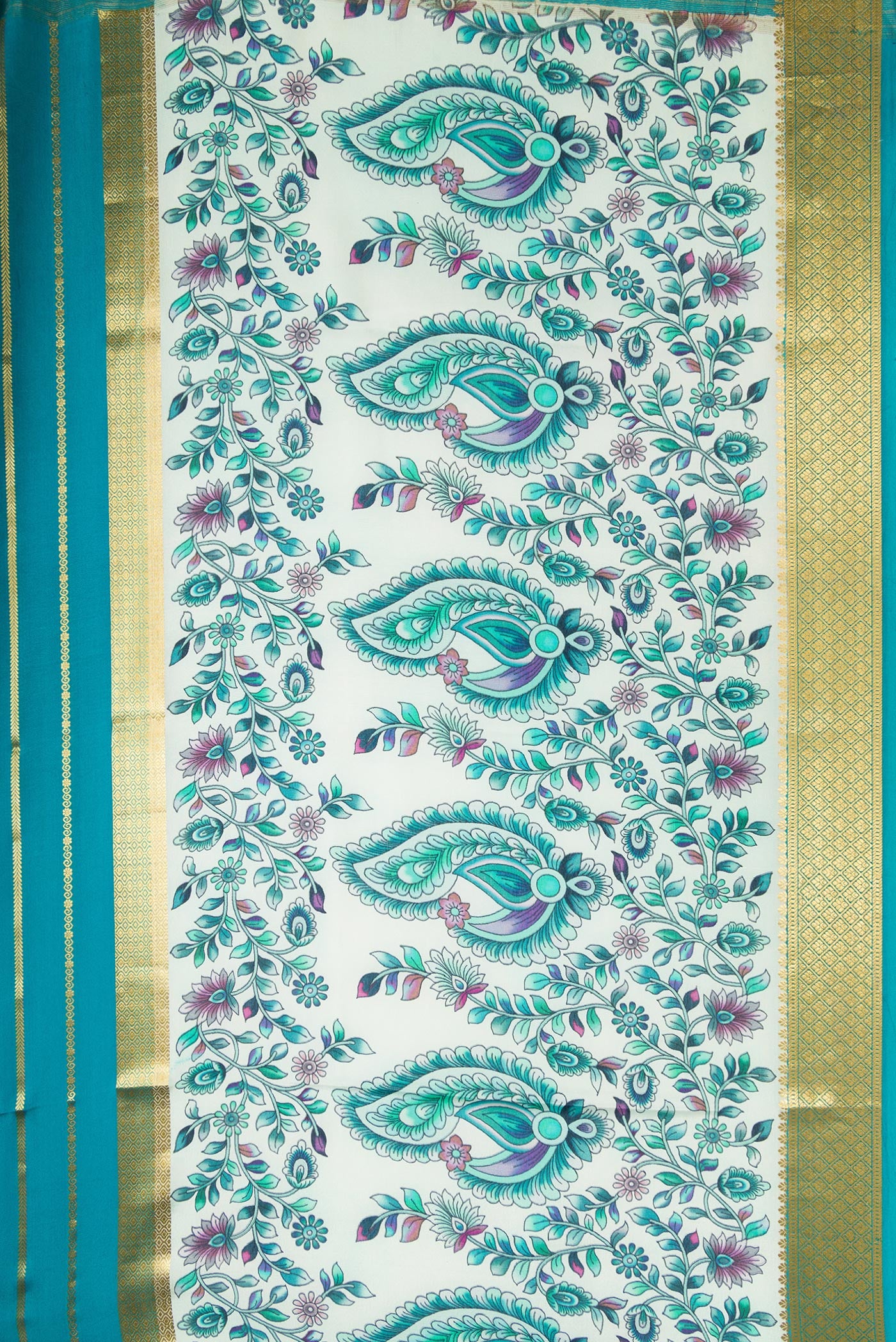 Border image of Peacock Blue Dual Tone Mysore Silk Saree with Stripes on the body and Fancy Border. 
