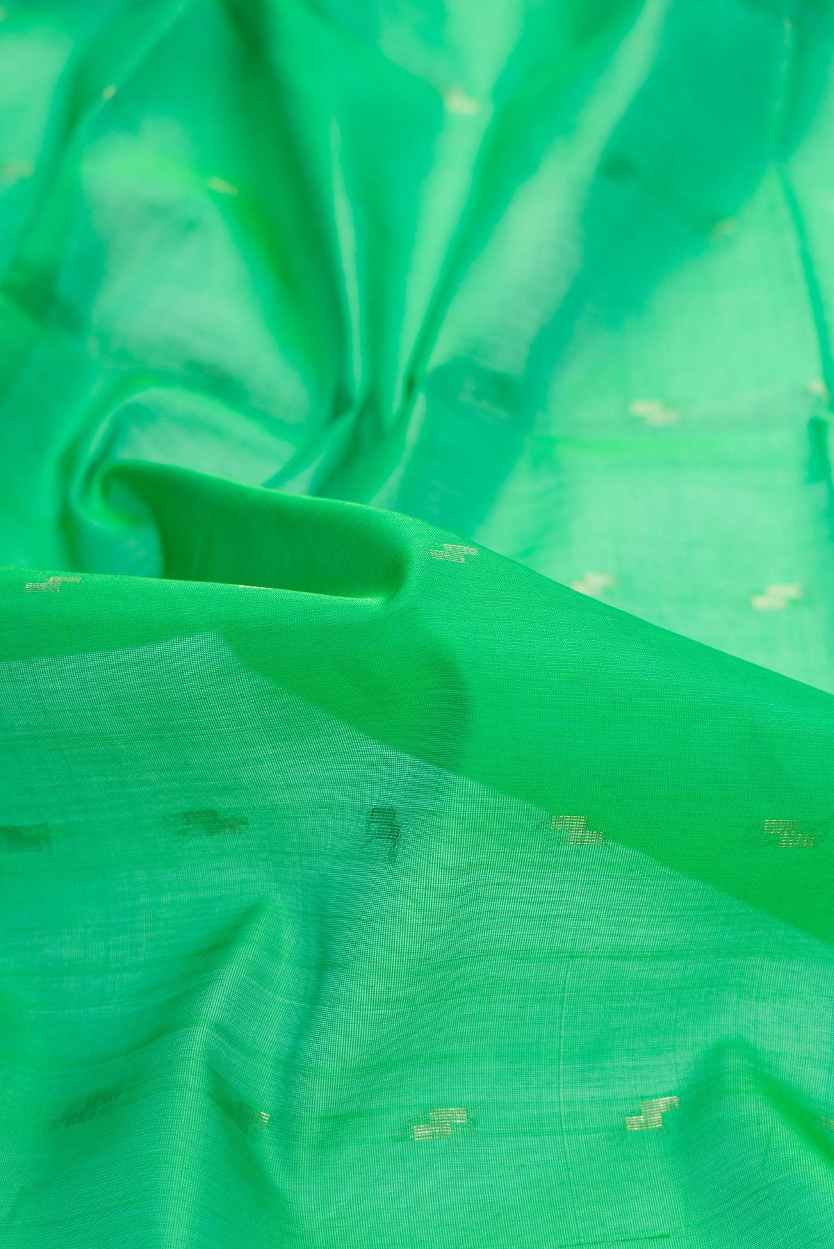Close up of Parrot Green Dual Tone Silk Cotton Saree with Zari Butta on the body and Zari Border displaying folds
