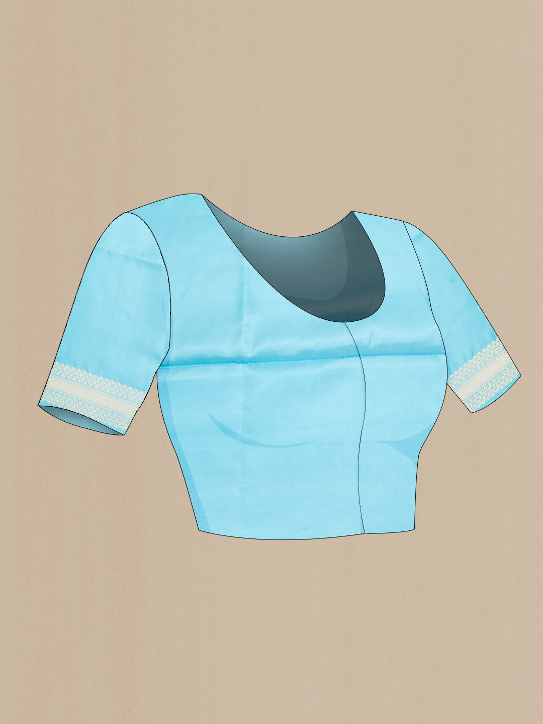 Close up image of the blouse of Pure Silk Sky Blue Soft Saree with Checked design on the body and Zari Border. 