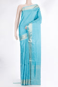 Pure Silk Sky Blue Soft Saree with Checked design on the body and Zari Border.  displayed on a mannequin