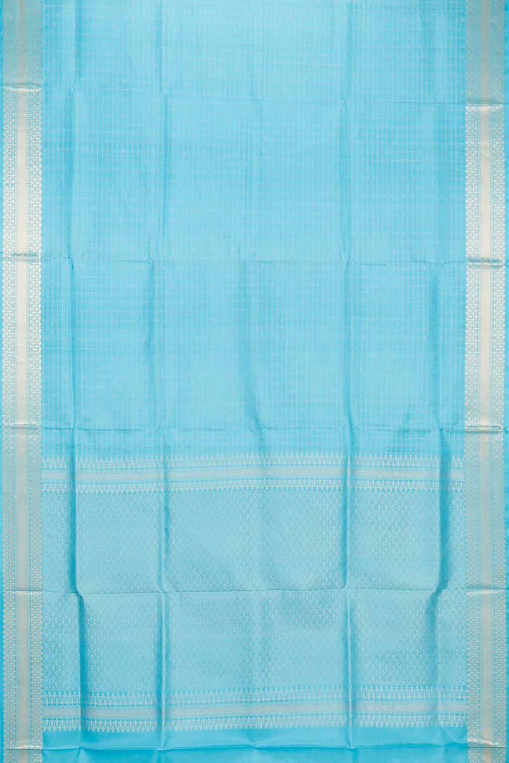 Flat view of Pure Silk Sky Blue Soft Saree with Checked design on the body and Zari Border. 