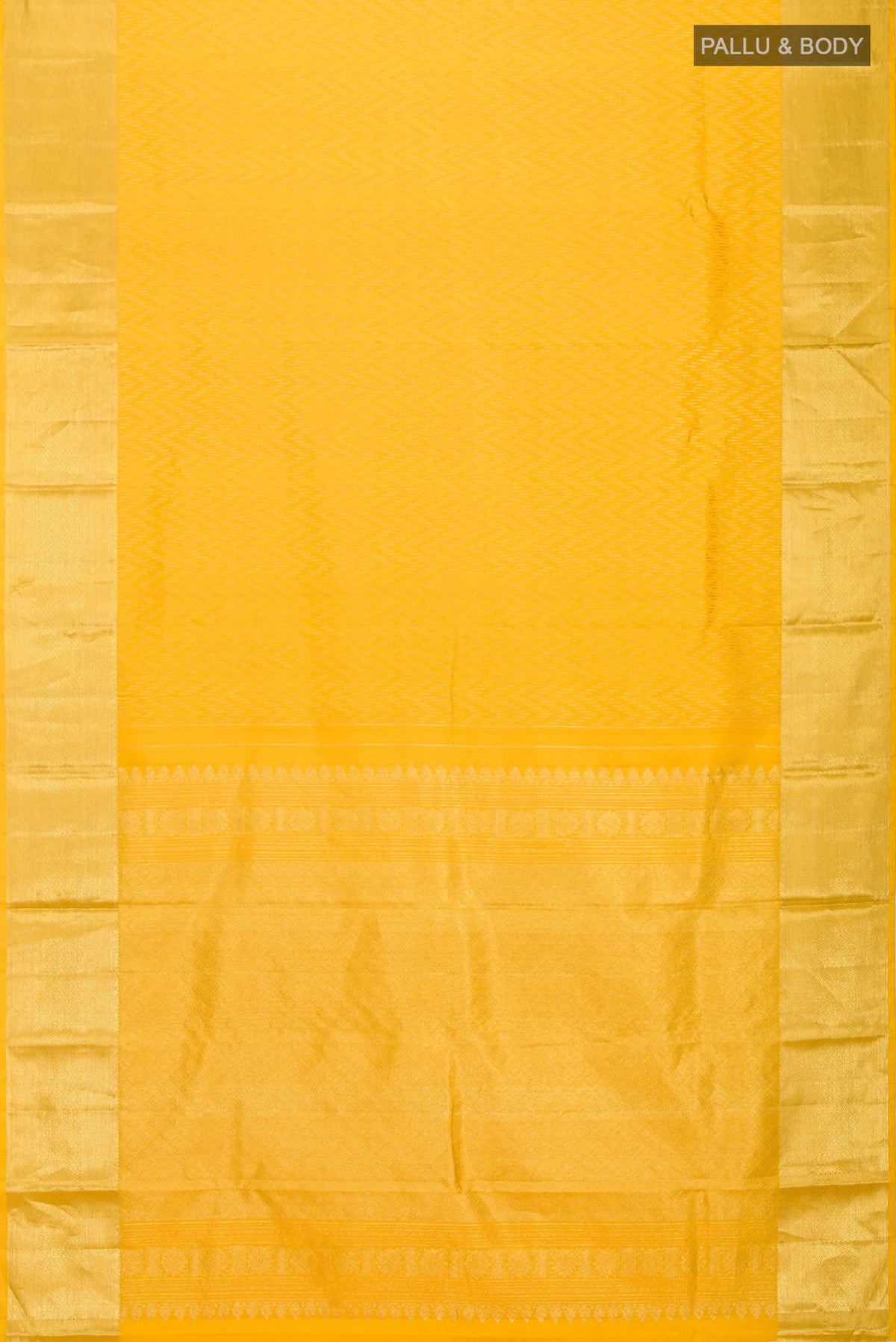 Flat view of Yellow Kanchipuram Silk Saree with Stripes on the body and Zari Border