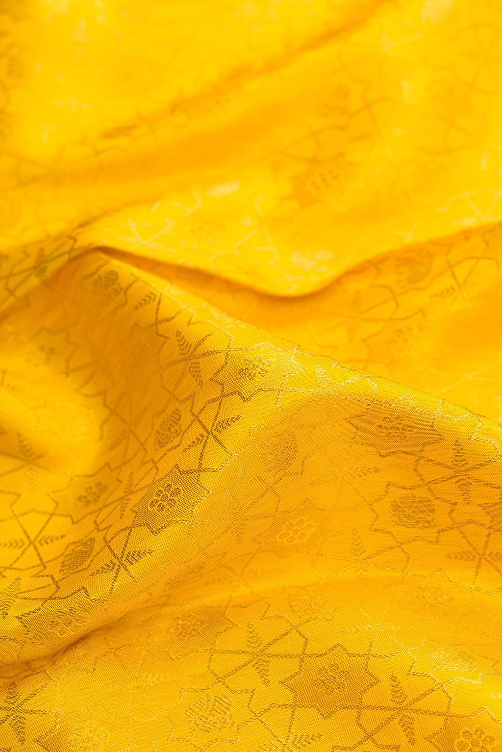 Close up of Yellow Dual Tone Kanjivaram Silk Saree with Zari Brocade on the body and Zari Border.  displaying folds