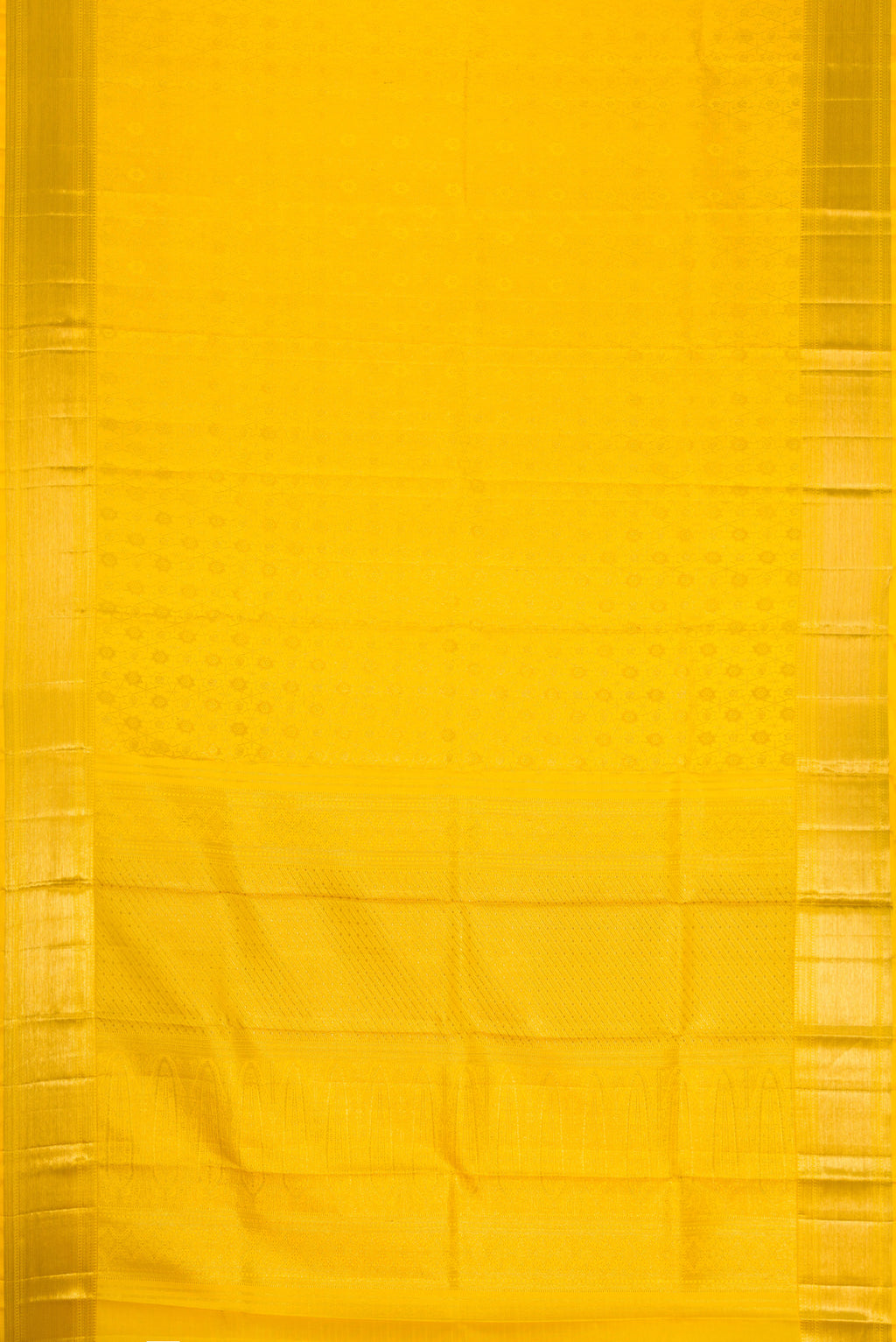 Flat view of Yellow Dual Tone Kanjivaram Silk Saree with Zari Brocade on the body and Zari Border. 
