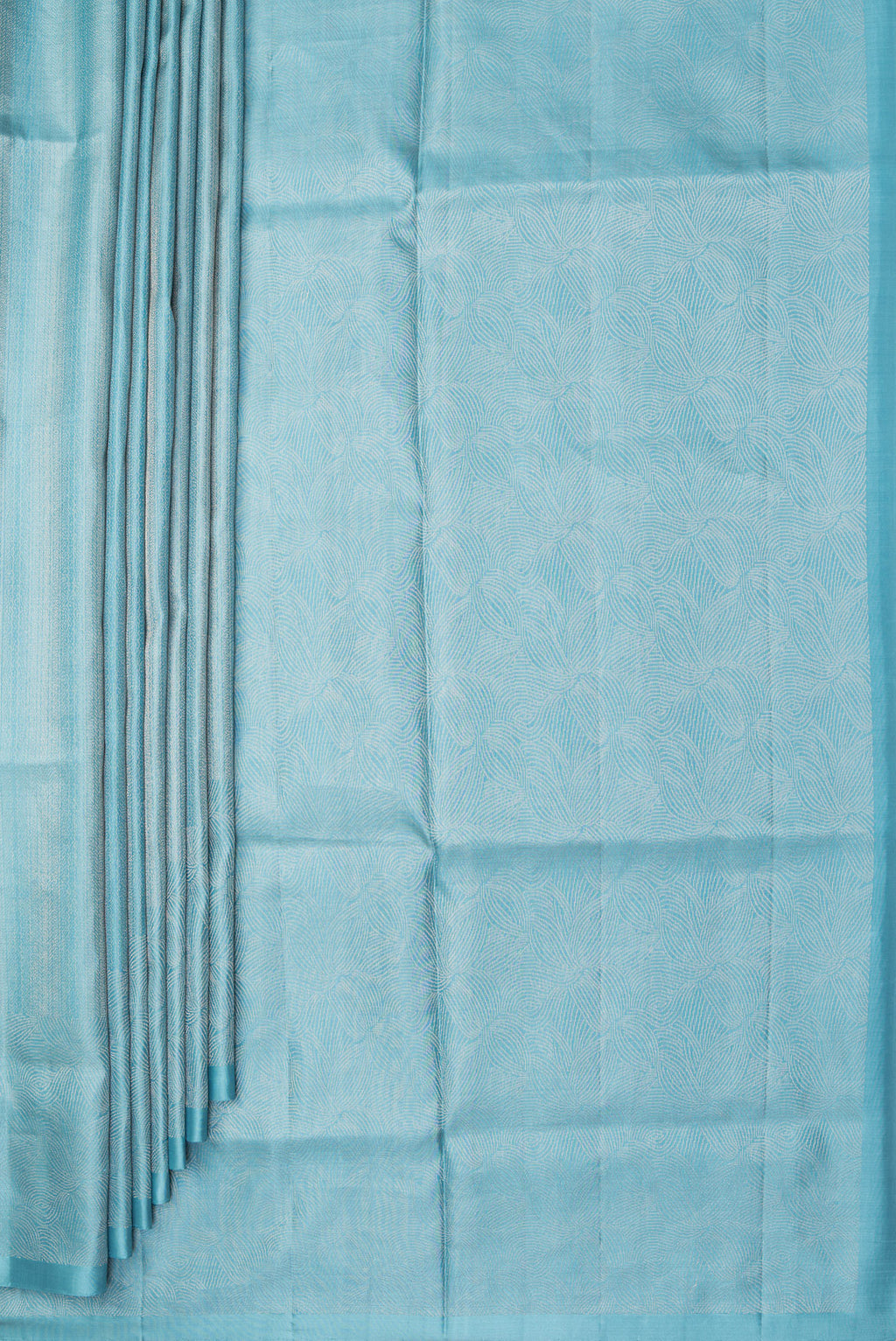 Pleats and pallu of Pure Silk Sky Blue Soft Saree with Zari Brocade on the body and Zari Border. 