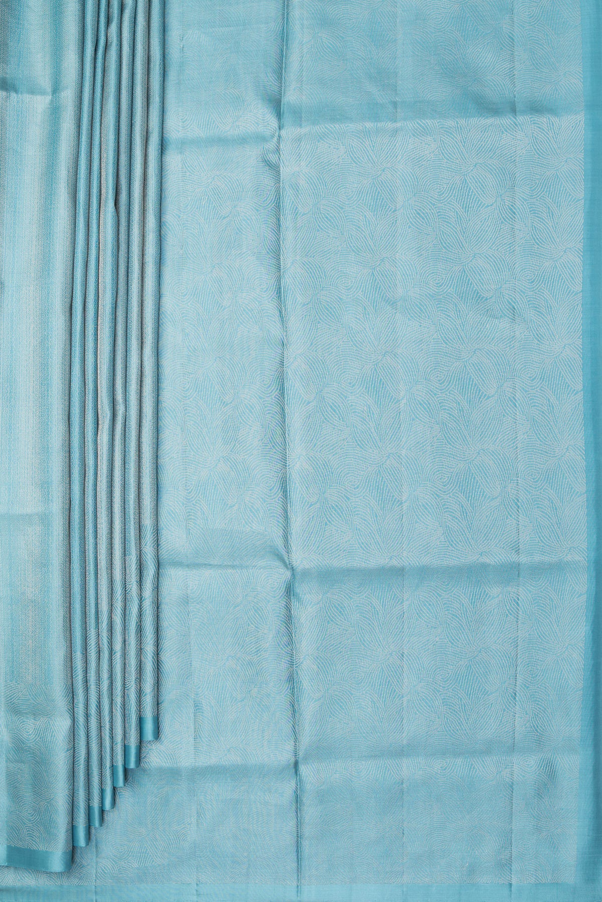 Pleats and pallu of Pure Silk Sky Blue Soft Saree with Zari Brocade on the body and Zari Border. 