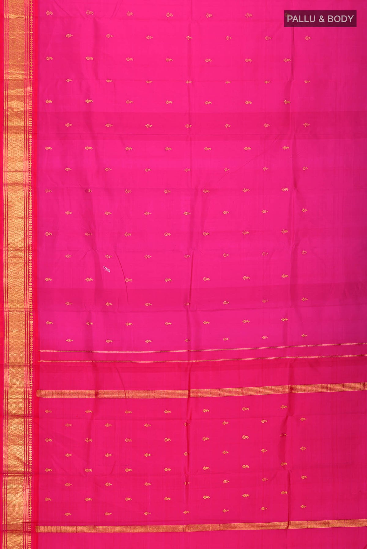 Flat view of Pink Kanchipuram Silk Saree with Zari Butta on the body and One Side Border