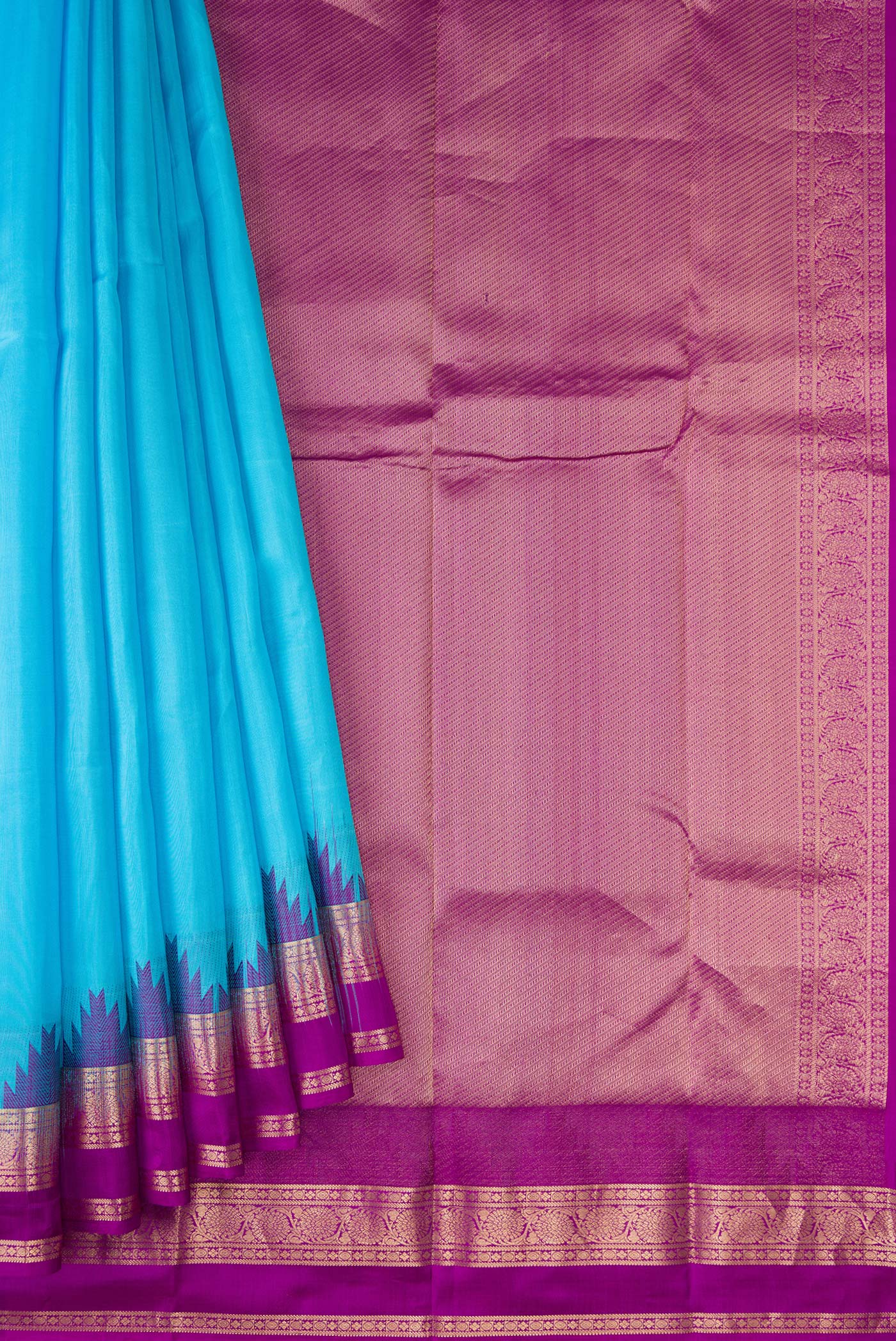 Pleats and pallu of Sky Blue Dual Tone Kanchipuram Silk Saree with Plain Body and Temple Border. 