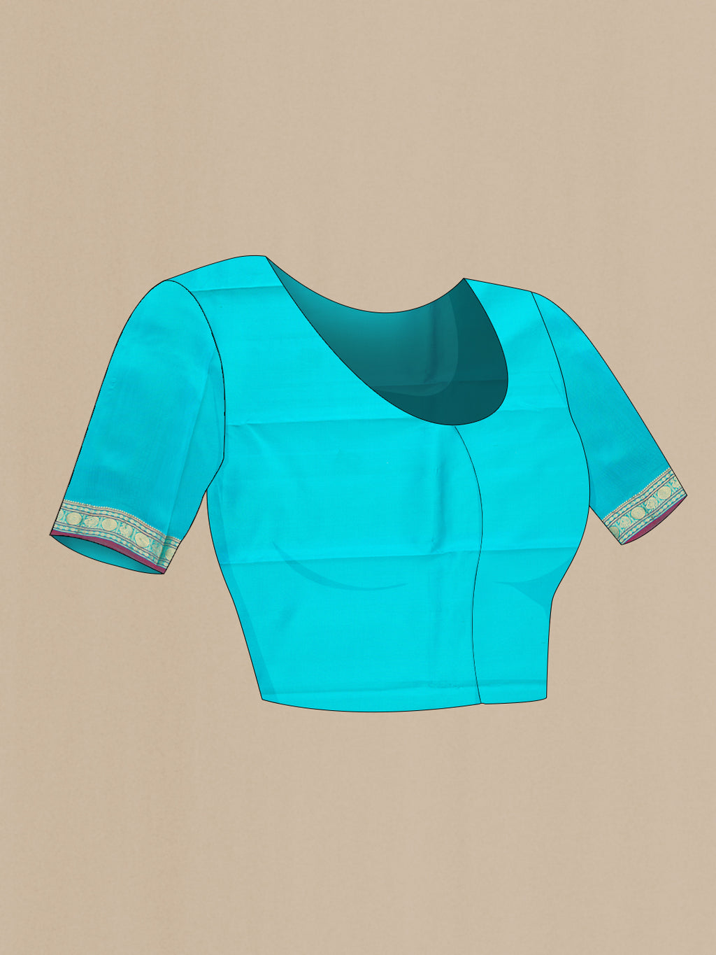 Close up image of the blouse of Turquoise Kanchipuram Silk Saree with Zari Butta on the body and Zari Border. 