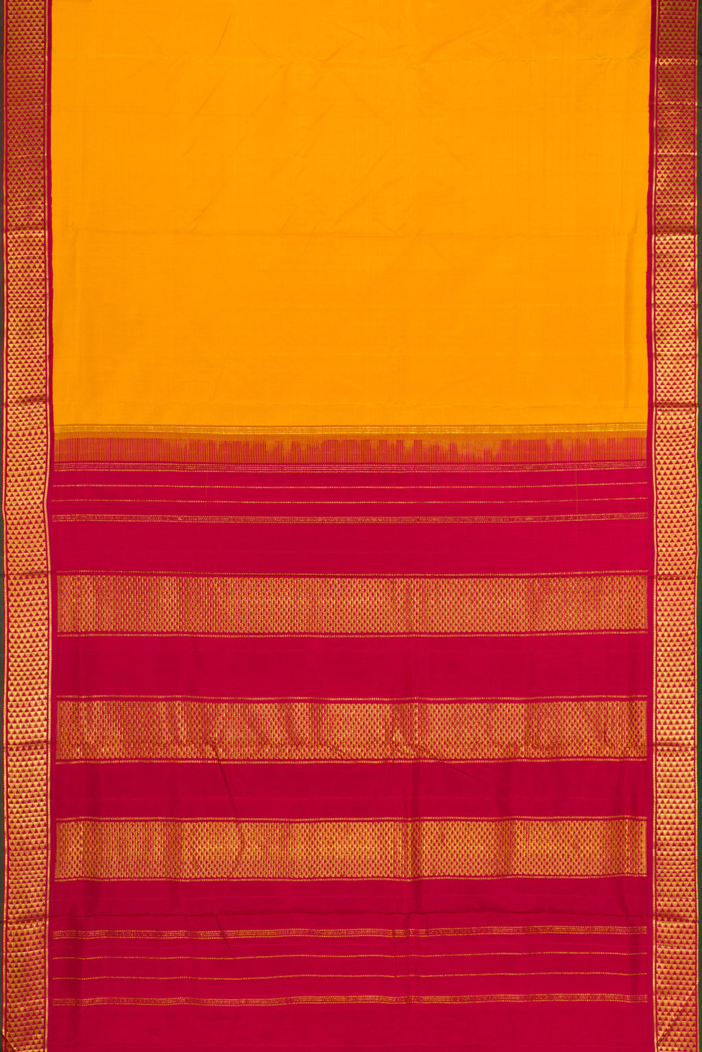 Flat view of Mustard Dual Tone Kanjivaram Silk Nine Yards Saree with Stripes on the body and Zari Border. 