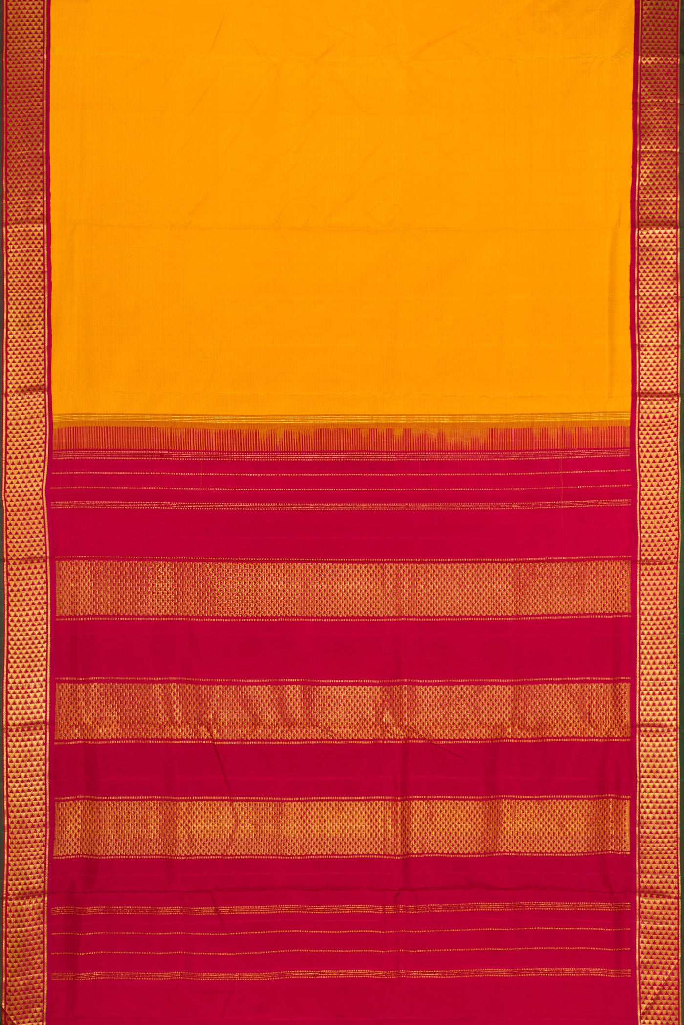 Flat view of Mustard Dual Tone Kanjivaram Silk Nine Yards Saree with Stripes on the body and Zari Border. 