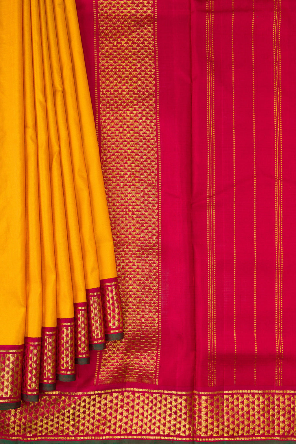 Pleats and pallu of Mustard Dual Tone Kanjivaram Silk Nine Yards Saree with Stripes on the body and Zari Border. 