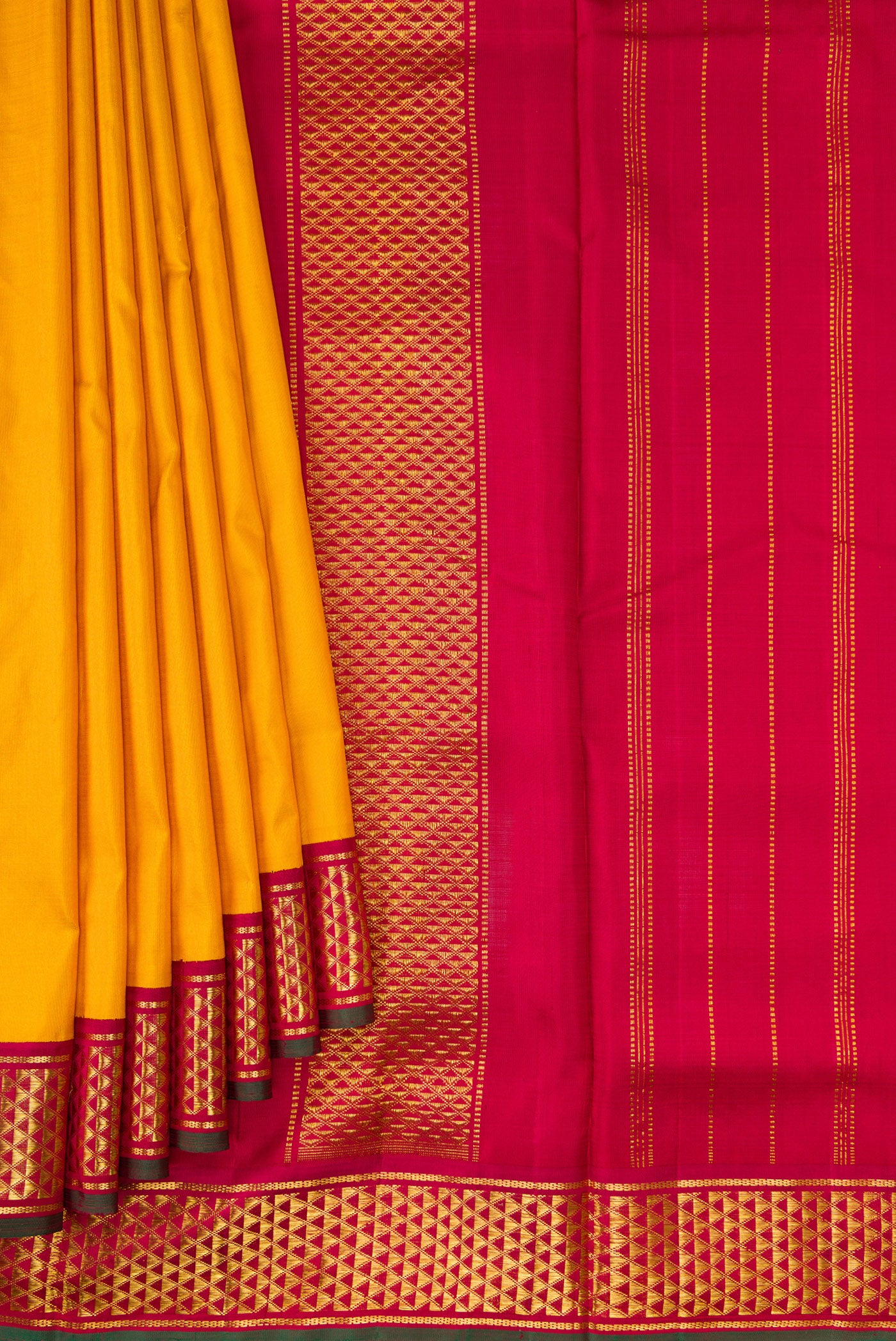 Pleats and pallu of Mustard Dual Tone Kanjivaram Silk Nine Yards Saree with Stripes on the body and Zari Border. 