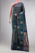 Peacock Blue Dual Tone Kanchipuram Silk Saree with Zari Brocade on the body and Fancy Border displayed on a mannequin